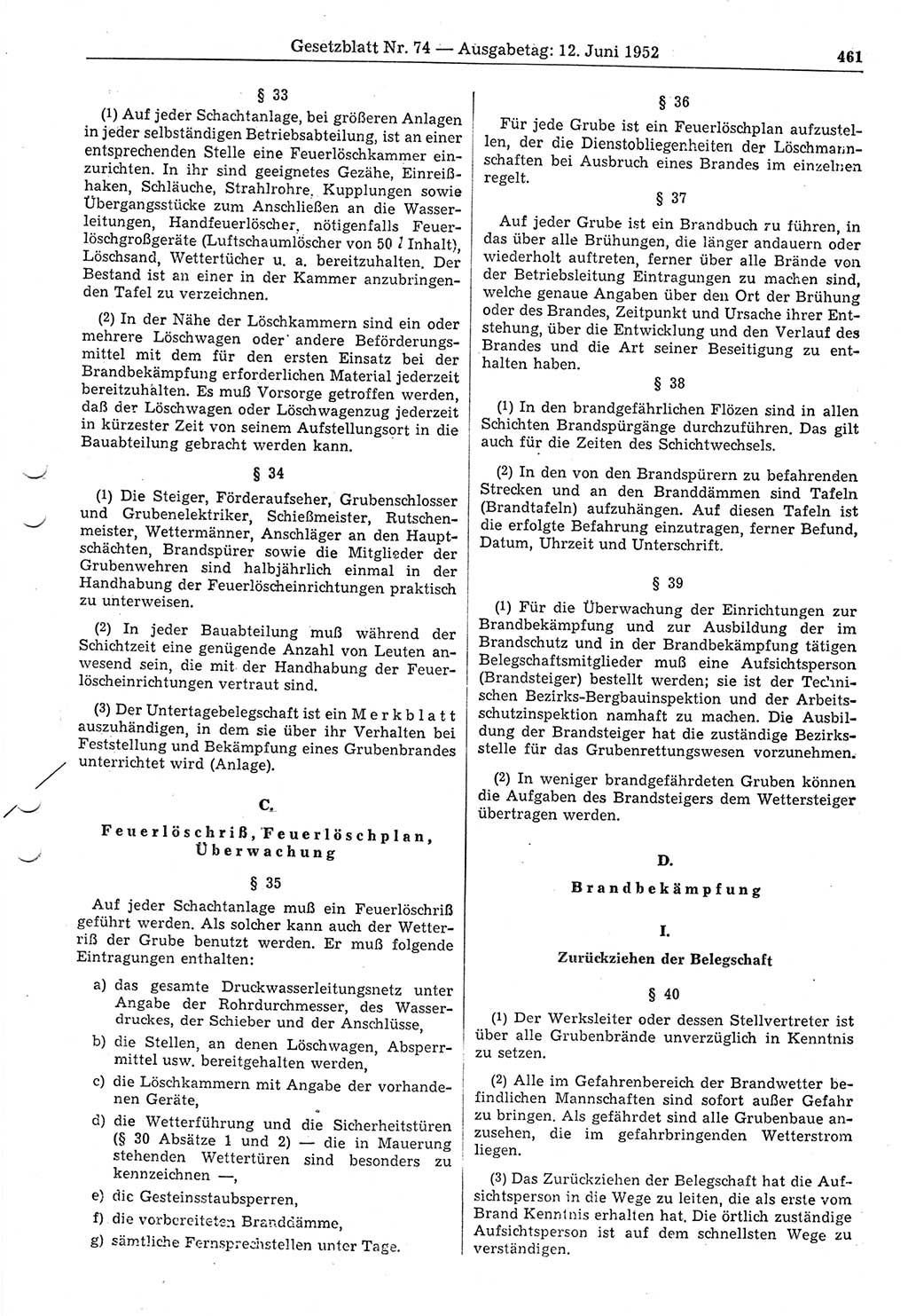 Gesetzblatt (GBl.) der Deutschen Demokratischen Republik (DDR) 1952, Seite 461 (GBl. DDR 1952, S. 461)