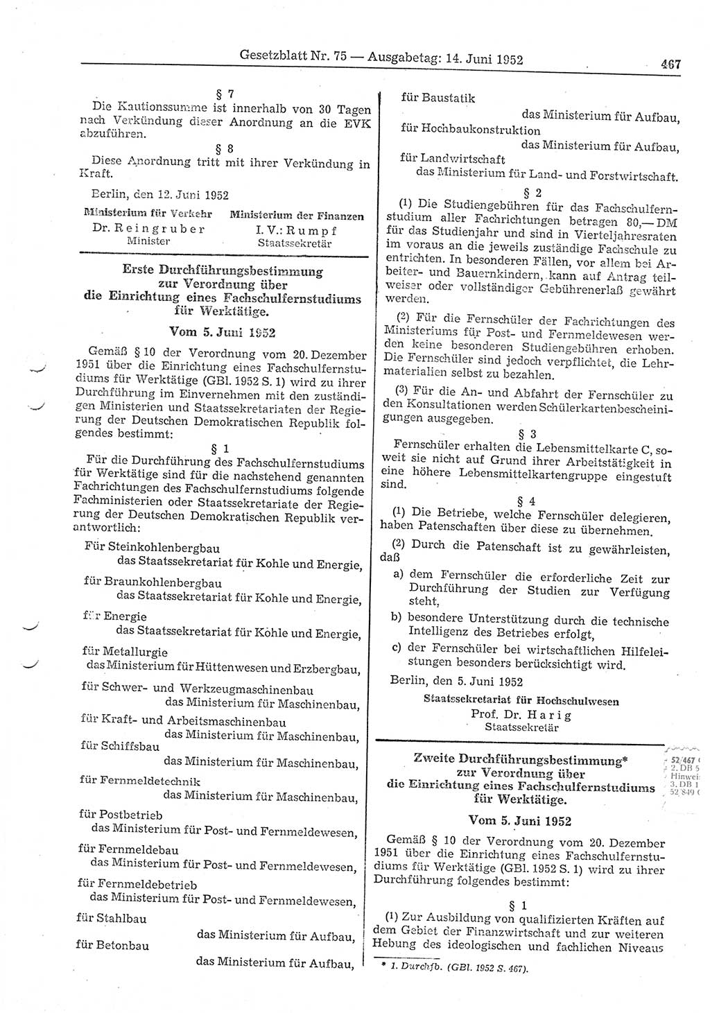 Gesetzblatt (GBl.) der Deutschen Demokratischen Republik (DDR) 1952, Seite 467 (GBl. DDR 1952, S. 467)