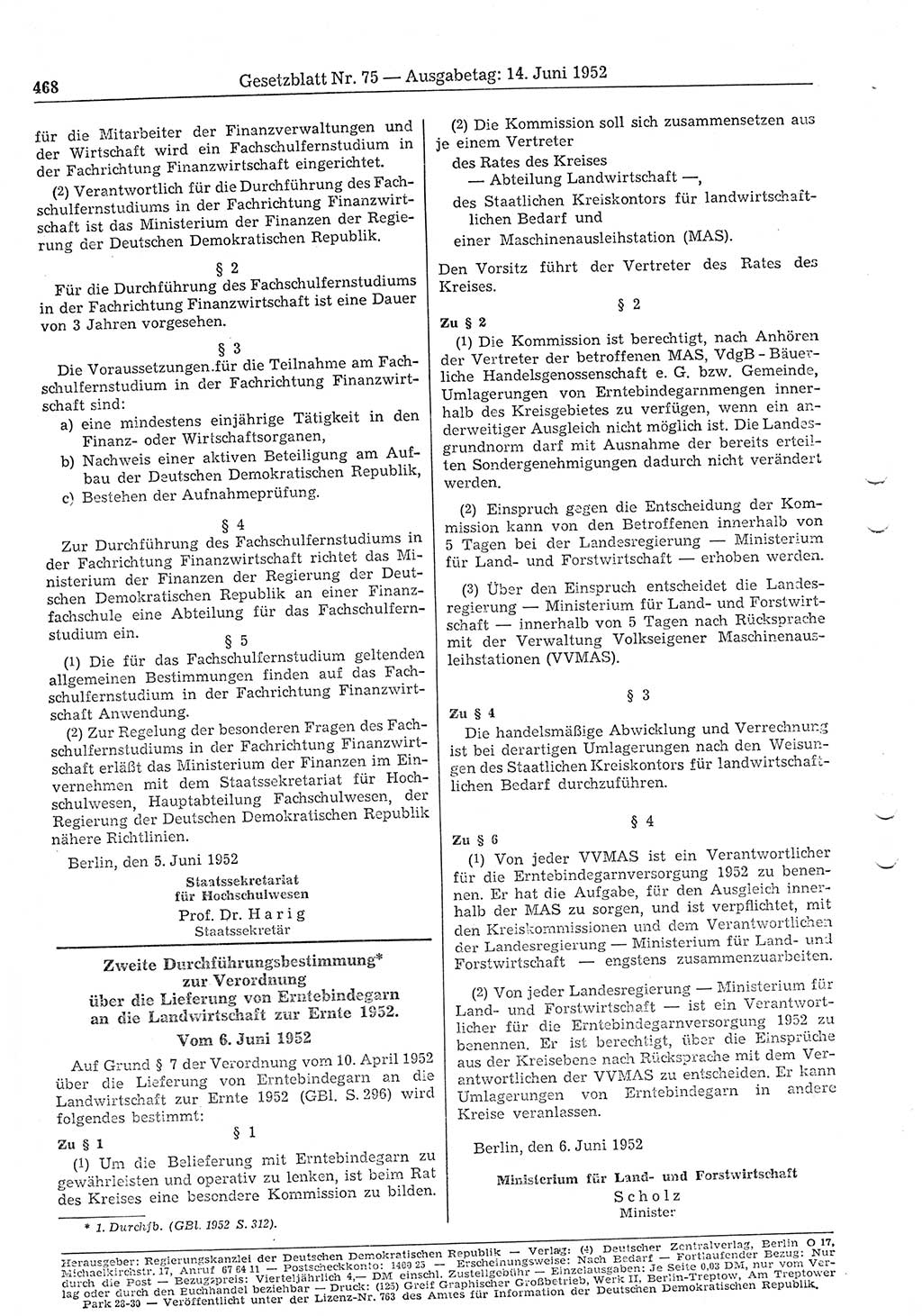 Gesetzblatt (GBl.) der Deutschen Demokratischen Republik (DDR) 1952, Seite 468 (GBl. DDR 1952, S. 468)
