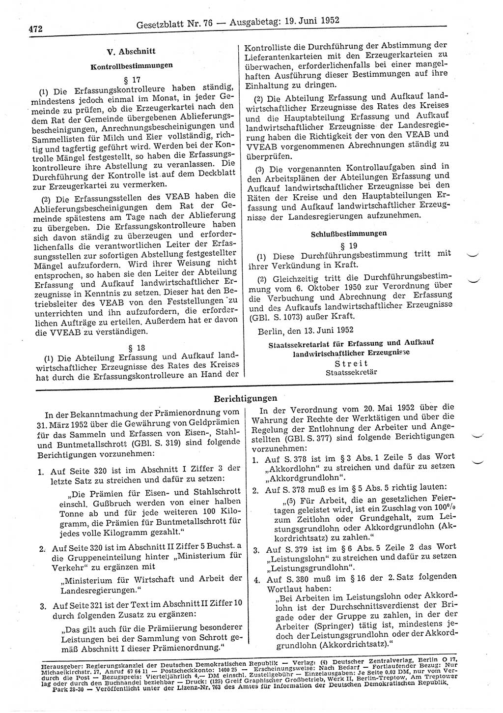 Gesetzblatt (GBl.) der Deutschen Demokratischen Republik (DDR) 1952, Seite 472 (GBl. DDR 1952, S. 472)