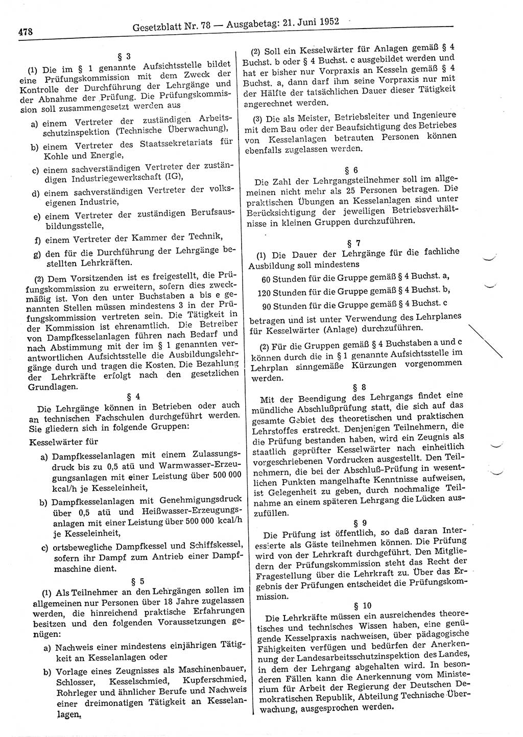 Gesetzblatt (GBl.) der Deutschen Demokratischen Republik (DDR) 1952, Seite 478 (GBl. DDR 1952, S. 478)