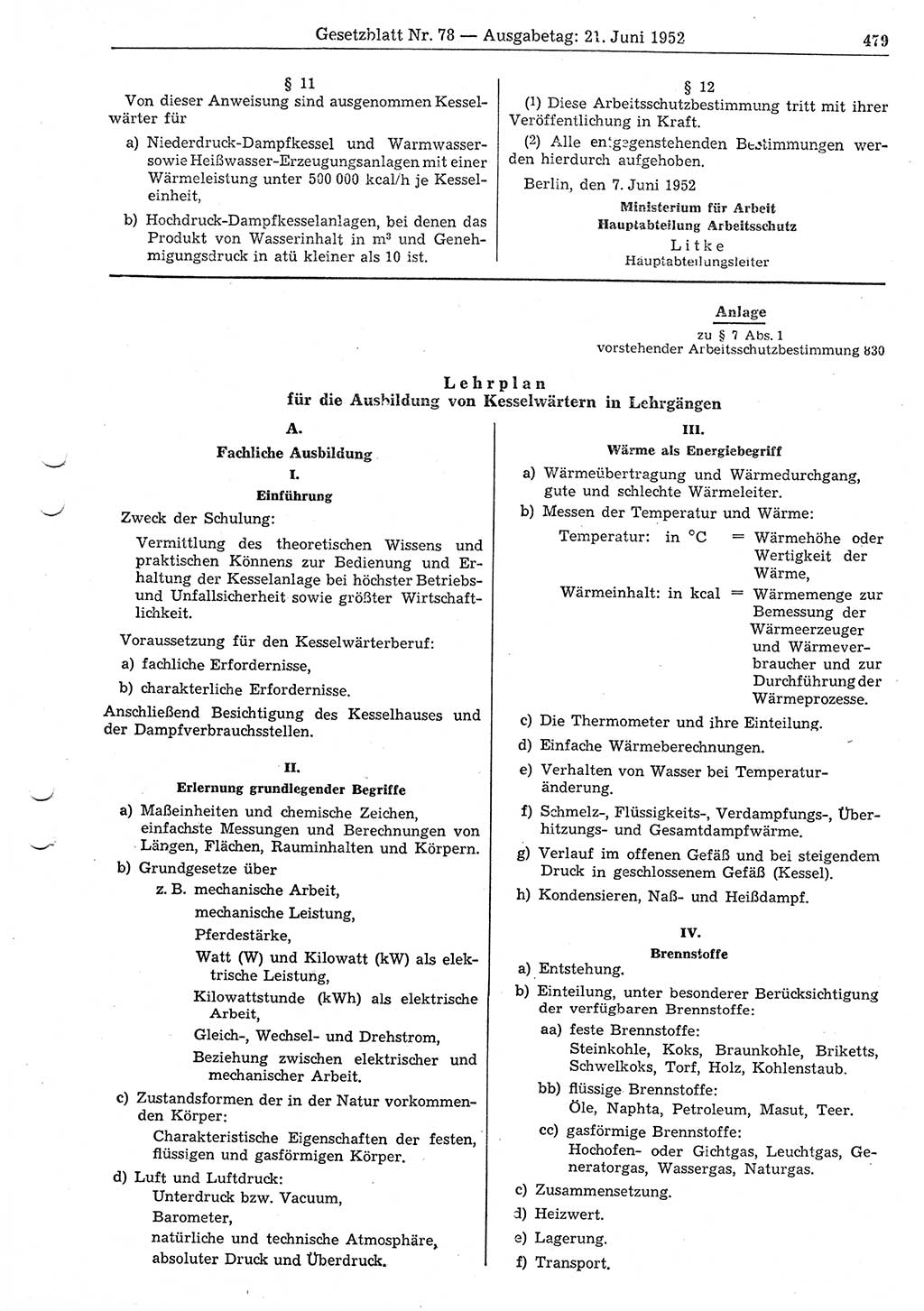 Gesetzblatt (GBl.) der Deutschen Demokratischen Republik (DDR) 1952, Seite 479 (GBl. DDR 1952, S. 479)