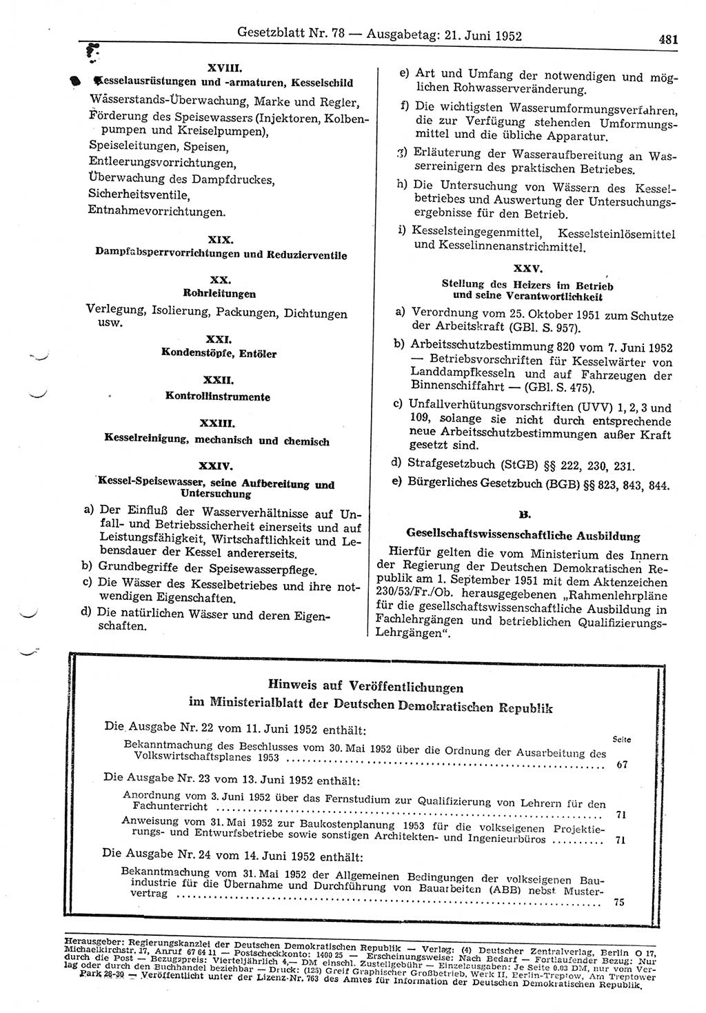Gesetzblatt (GBl.) der Deutschen Demokratischen Republik (DDR) 1952, Seite 481 (GBl. DDR 1952, S. 481)