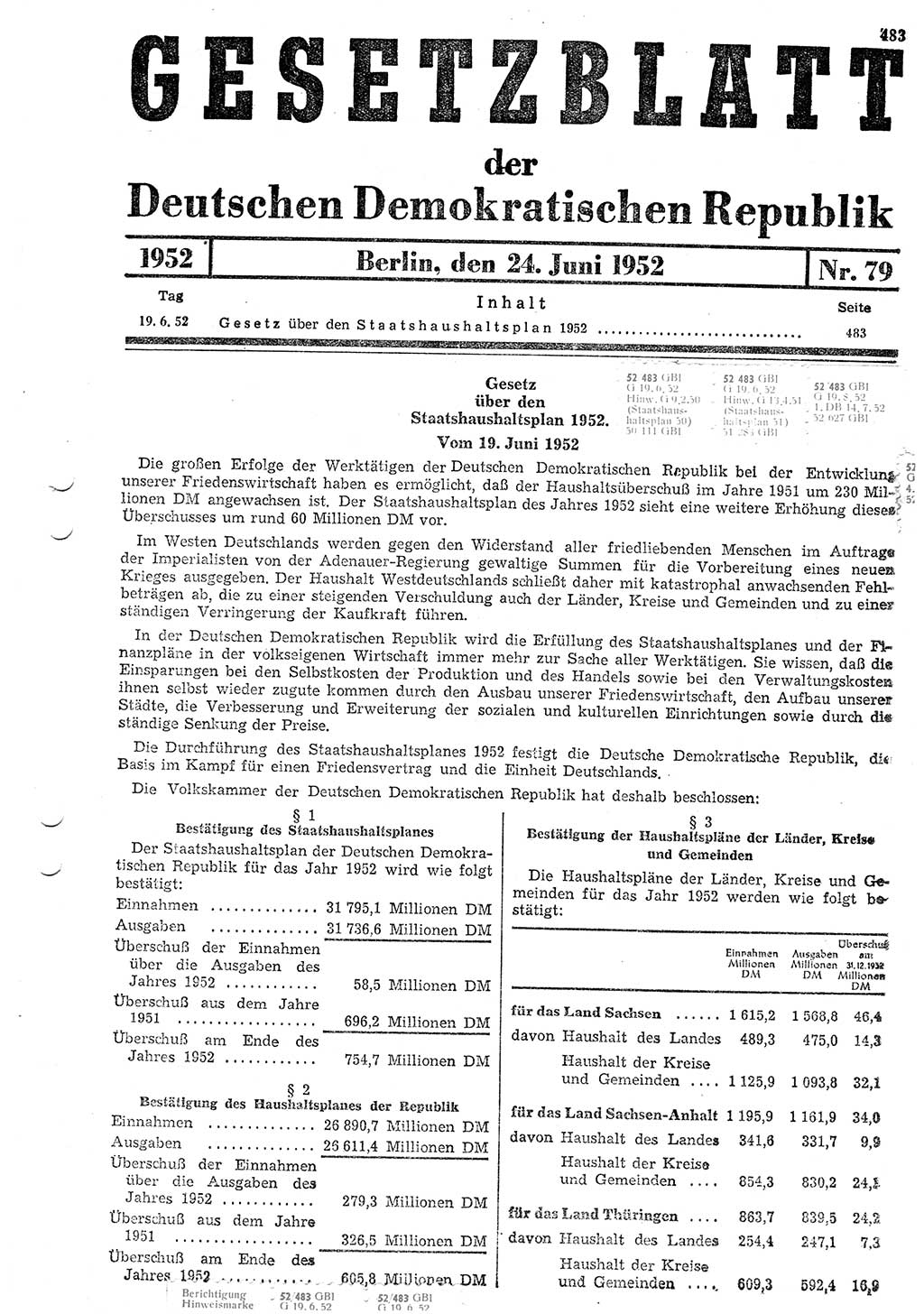 Gesetzblatt (GBl.) der Deutschen Demokratischen Republik (DDR) 1952, Seite 483 (GBl. DDR 1952, S. 483)
