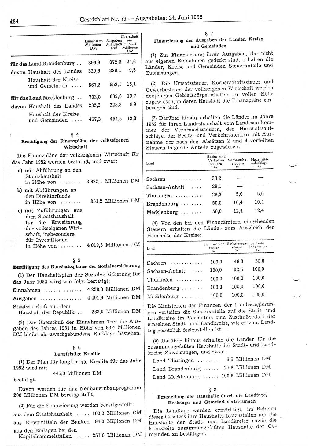 Gesetzblatt (GBl.) der Deutschen Demokratischen Republik (DDR) 1952, Seite 484 (GBl. DDR 1952, S. 484)