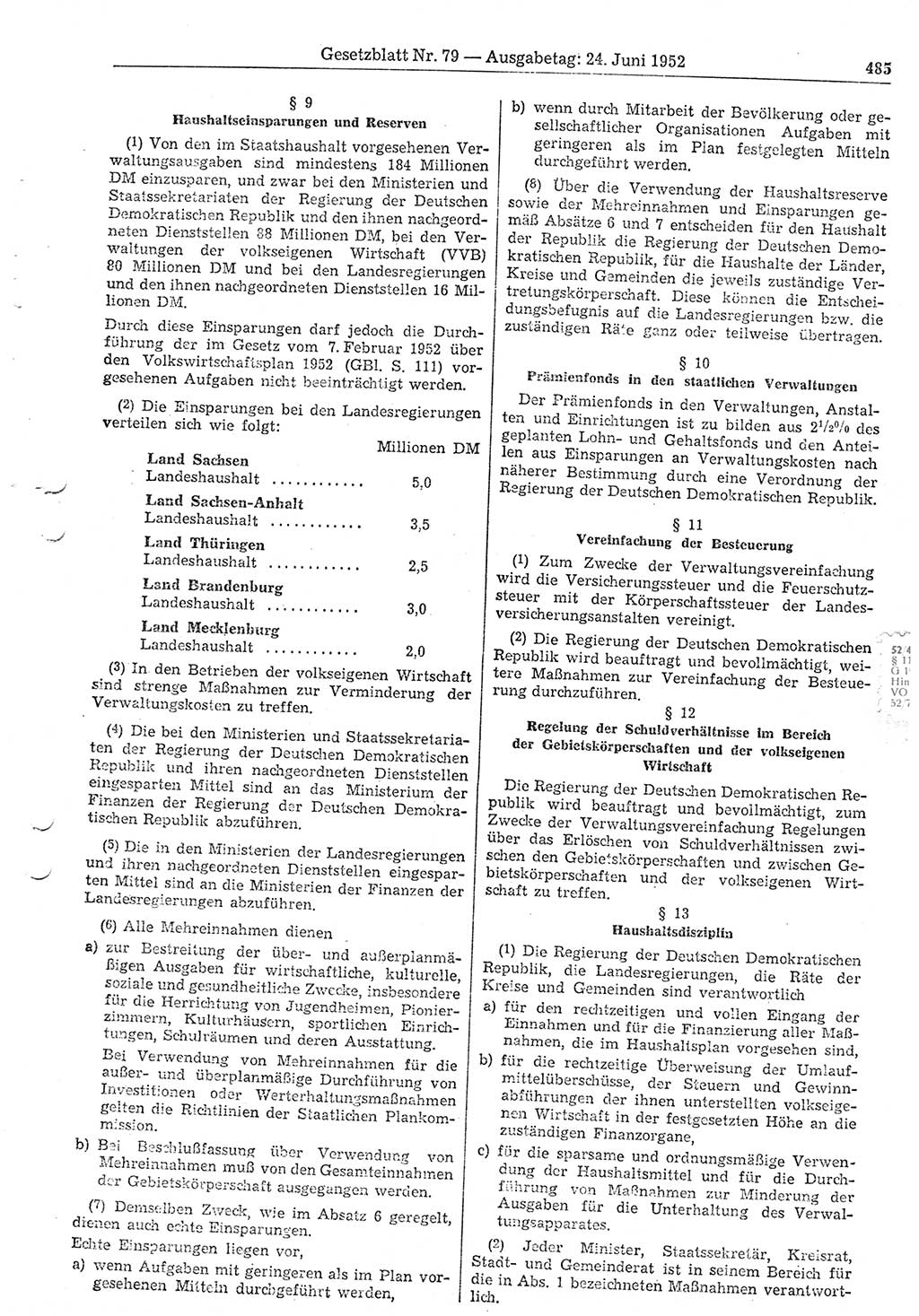 Gesetzblatt (GBl.) der Deutschen Demokratischen Republik (DDR) 1952, Seite 485 (GBl. DDR 1952, S. 485)