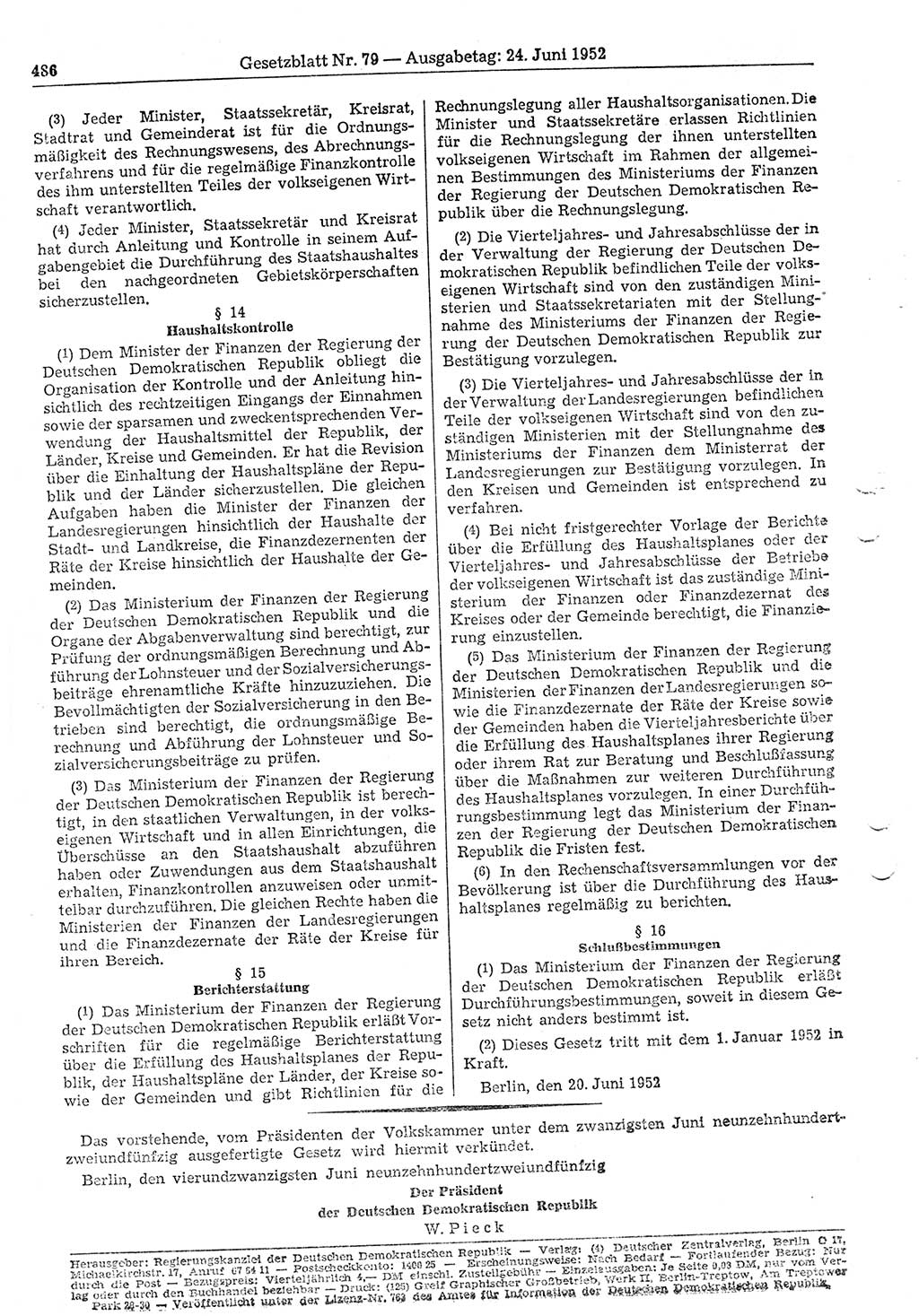 Gesetzblatt (GBl.) der Deutschen Demokratischen Republik (DDR) 1952, Seite 486 (GBl. DDR 1952, S. 486)