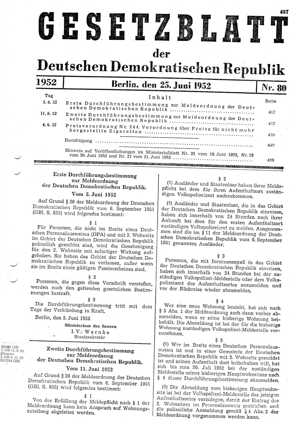 Gesetzblatt (GBl.) der Deutschen Demokratischen Republik (DDR) 1952, Seite 487 (GBl. DDR 1952, S. 487)