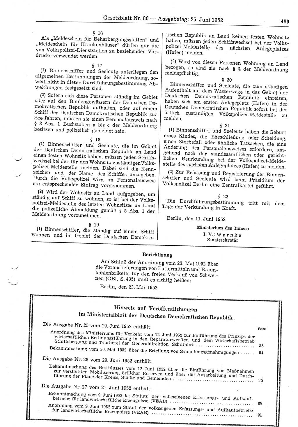Gesetzblatt (GBl.) der Deutschen Demokratischen Republik (DDR) 1952, Seite 489 (GBl. DDR 1952, S. 489)