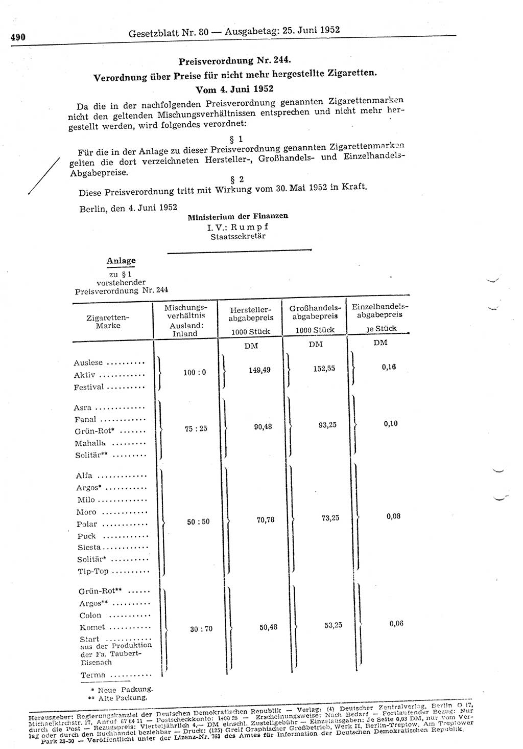Gesetzblatt (GBl.) der Deutschen Demokratischen Republik (DDR) 1952, Seite 490 (GBl. DDR 1952, S. 490)
