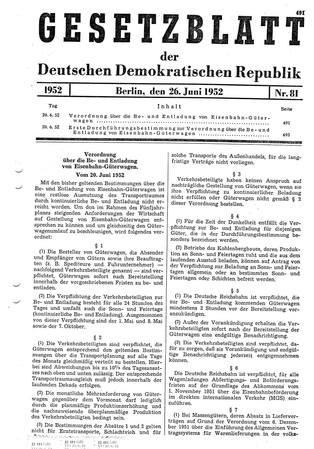 Gesetzblatt (GBl.) der Deutschen Demokratischen Republik (DDR) 1952, Seite 491 (GBl. DDR 1952, S. 491)