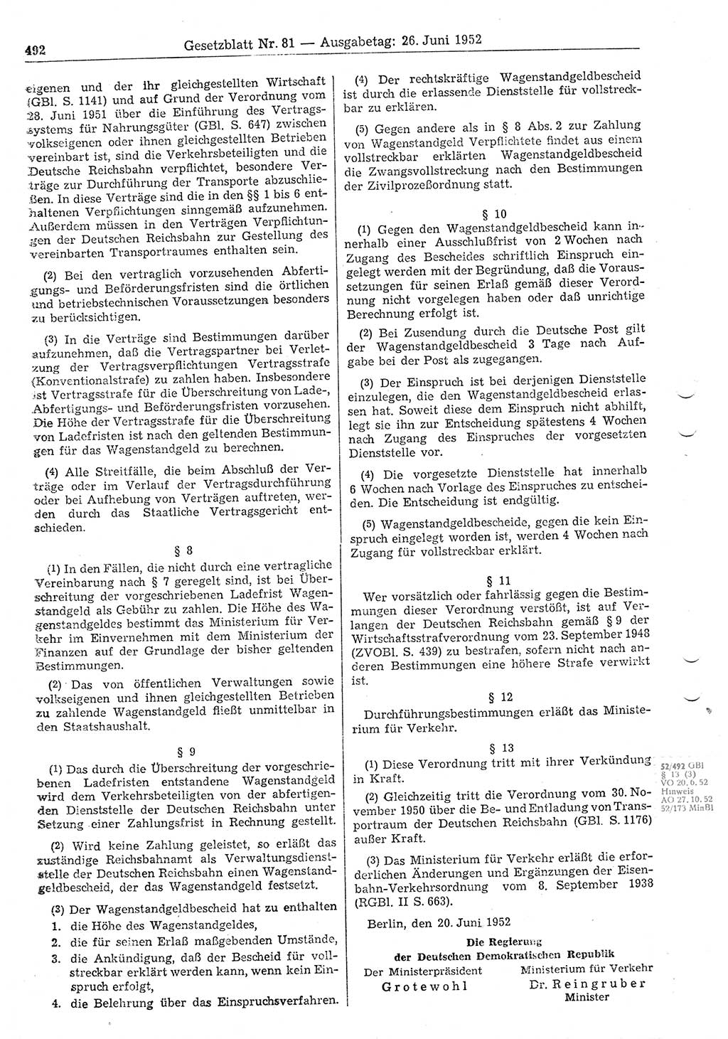Gesetzblatt (GBl.) der Deutschen Demokratischen Republik (DDR) 1952, Seite 492 (GBl. DDR 1952, S. 492)