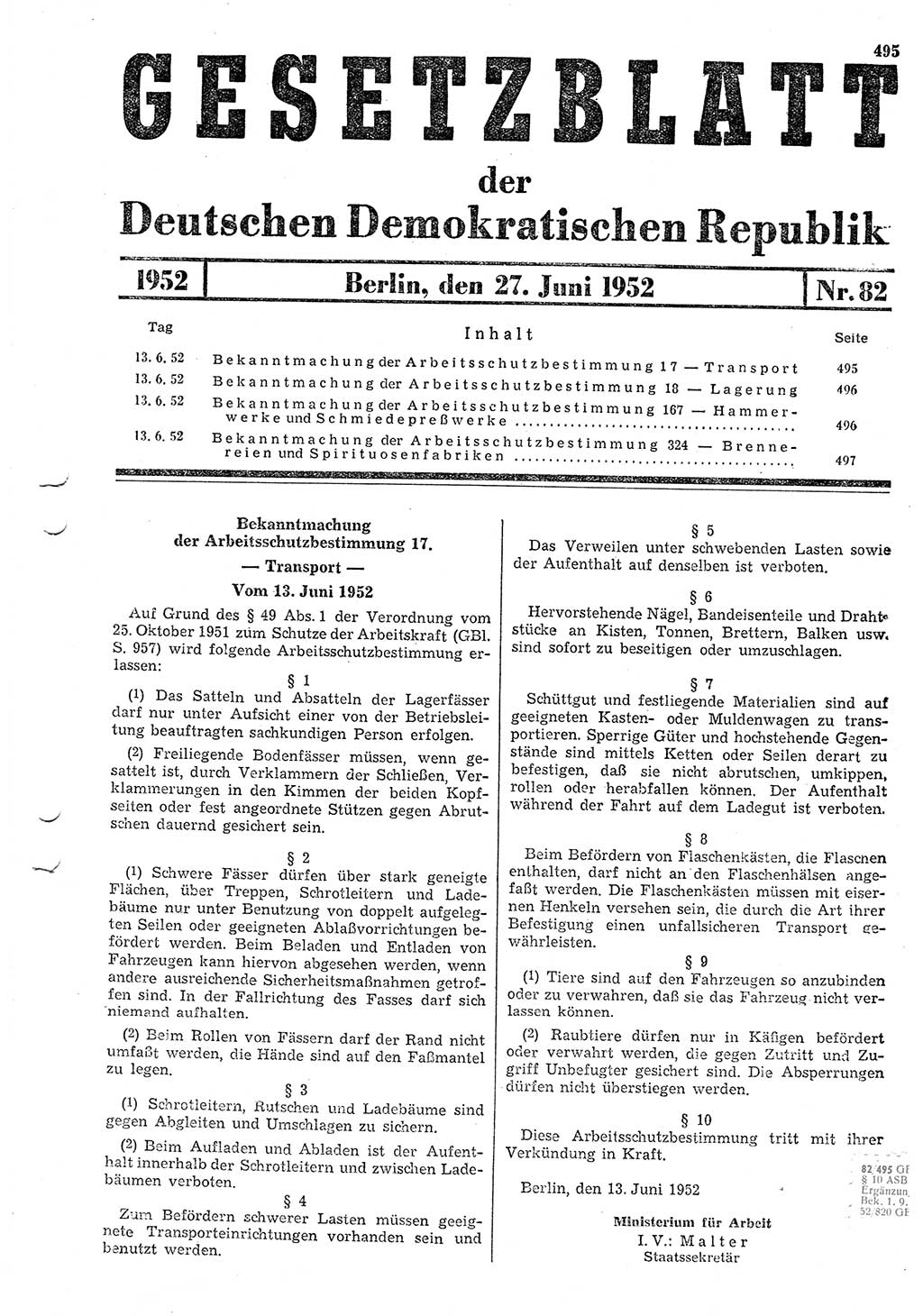 Gesetzblatt (GBl.) der Deutschen Demokratischen Republik (DDR) 1952, Seite 495 (GBl. DDR 1952, S. 495)