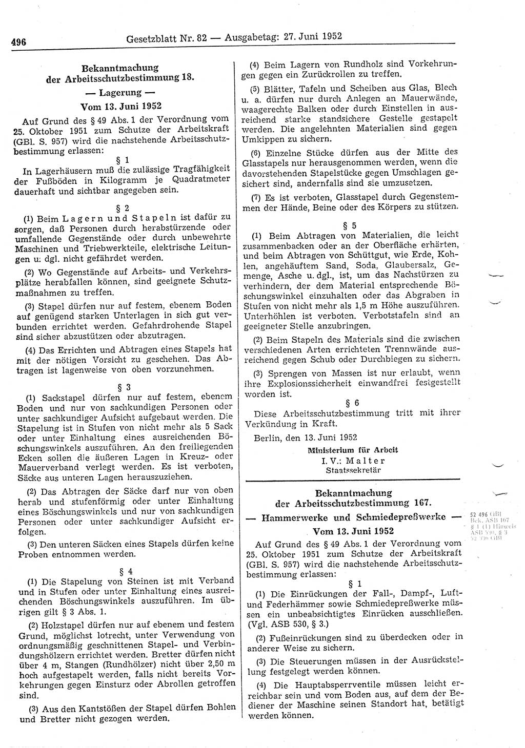 Gesetzblatt (GBl.) der Deutschen Demokratischen Republik (DDR) 1952, Seite 496 (GBl. DDR 1952, S. 496)