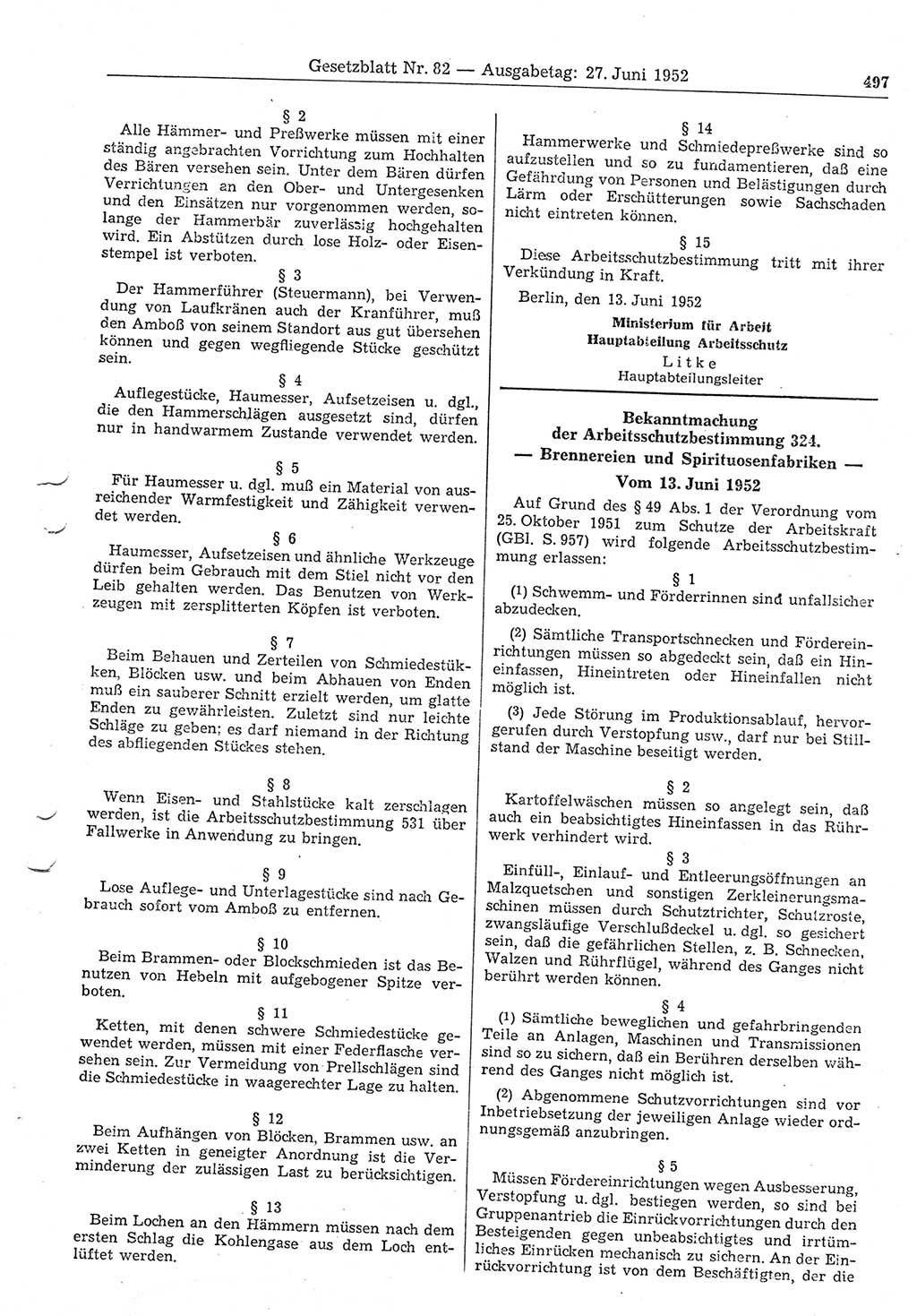 Gesetzblatt (GBl.) der Deutschen Demokratischen Republik (DDR) 1952, Seite 497 (GBl. DDR 1952, S. 497)