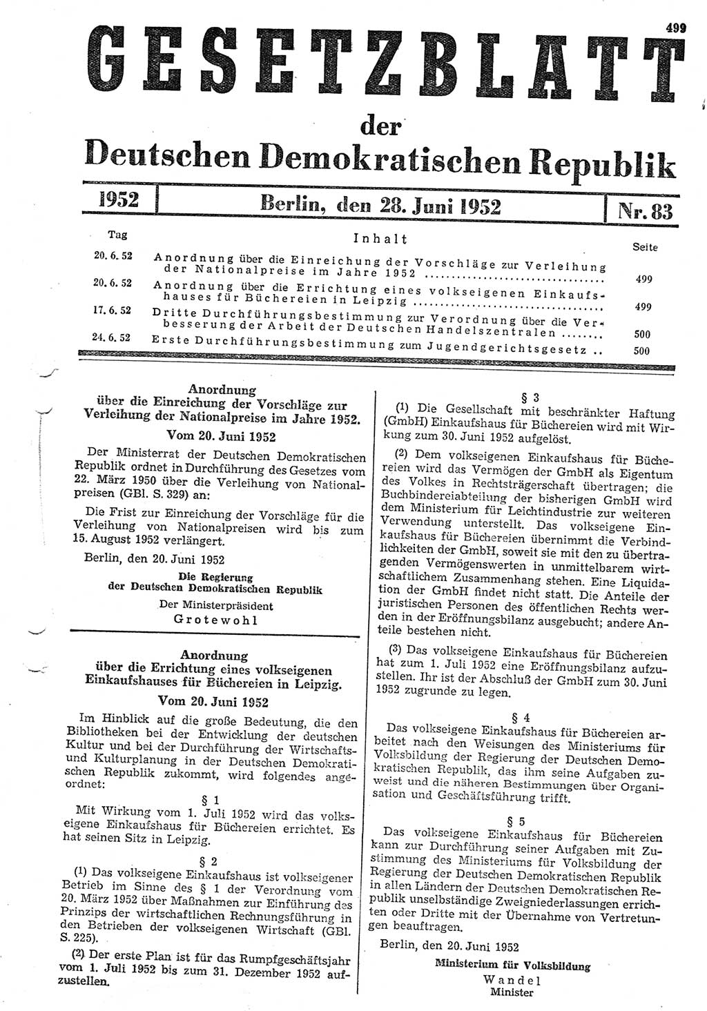 Gesetzblatt (GBl.) der Deutschen Demokratischen Republik (DDR) 1952, Seite 499 (GBl. DDR 1952, S. 499)