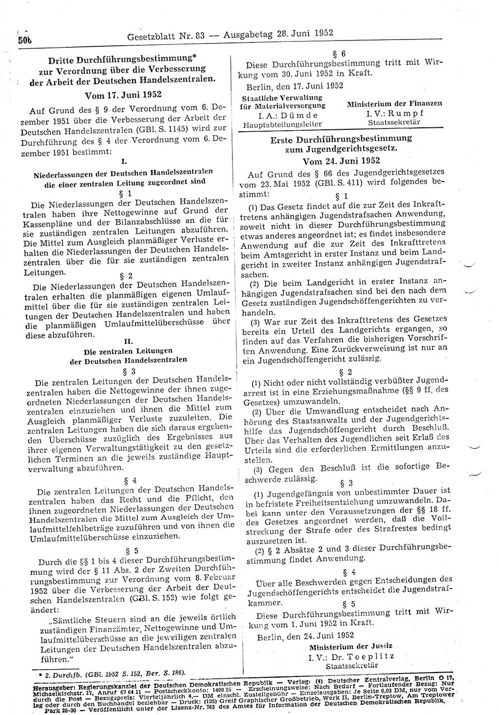 Gesetzblatt (GBl.) der Deutschen Demokratischen Republik (DDR) 1952, Seite 500 (GBl. DDR 1952, S. 500)