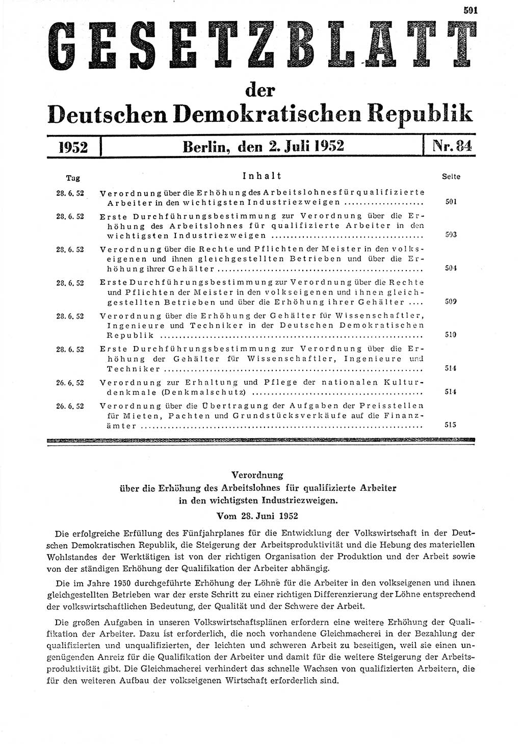 Gesetzblatt (GBl.) der Deutschen Demokratischen Republik (DDR) 1952, Seite 501 (GBl. DDR 1952, S. 501)