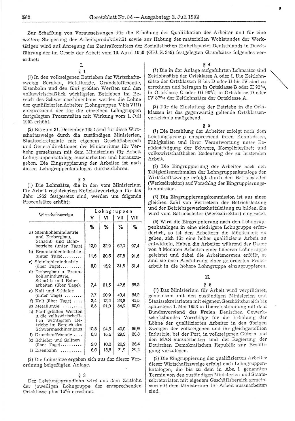 Gesetzblatt (GBl.) der Deutschen Demokratischen Republik (DDR) 1952, Seite 502 (GBl. DDR 1952, S. 502)