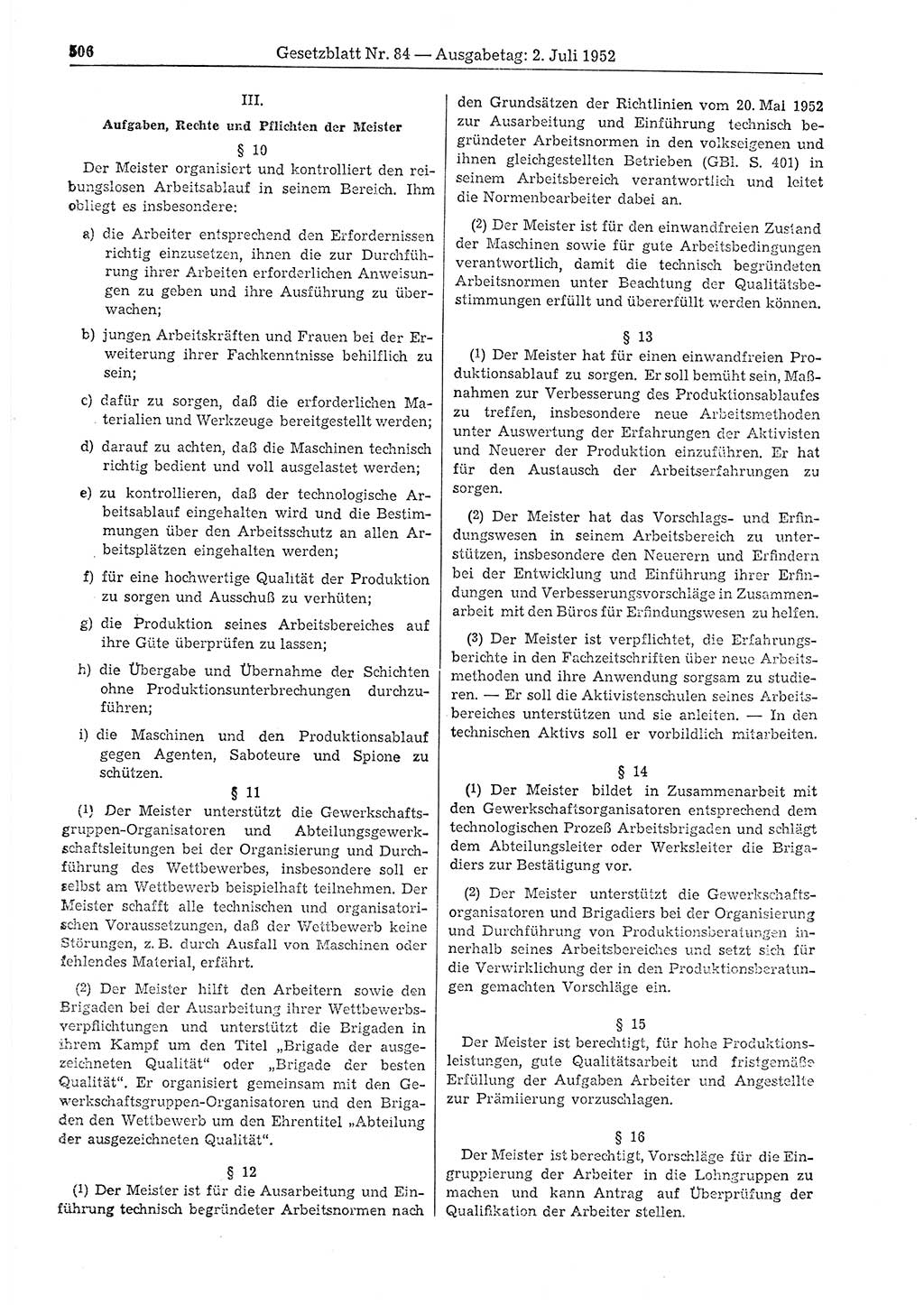 Gesetzblatt (GBl.) der Deutschen Demokratischen Republik (DDR) 1952, Seite 506 (GBl. DDR 1952, S. 506)