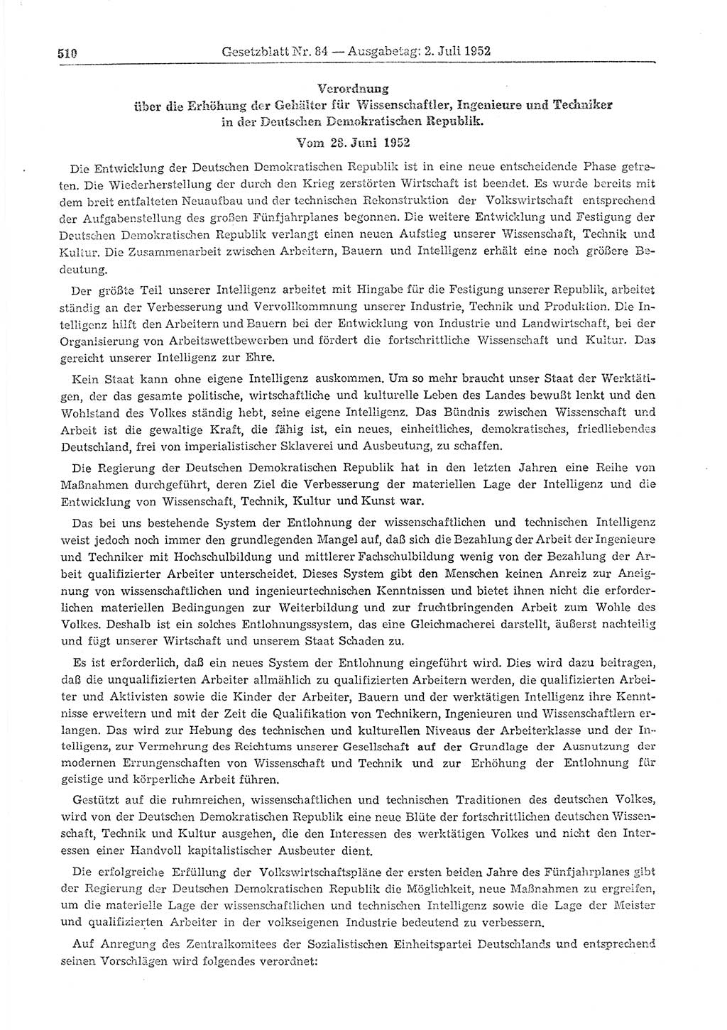 Gesetzblatt (GBl.) der Deutschen Demokratischen Republik (DDR) 1952, Seite 510 (GBl. DDR 1952, S. 510)