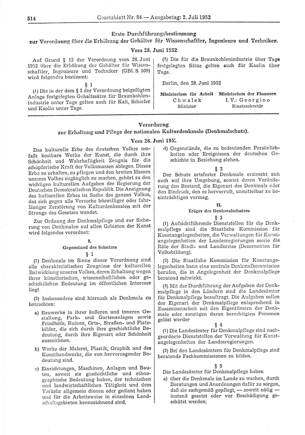 Gesetzblatt (GBl.) der Deutschen Demokratischen Republik (DDR) 1952, Seite 514 (GBl. DDR 1952, S. 514)