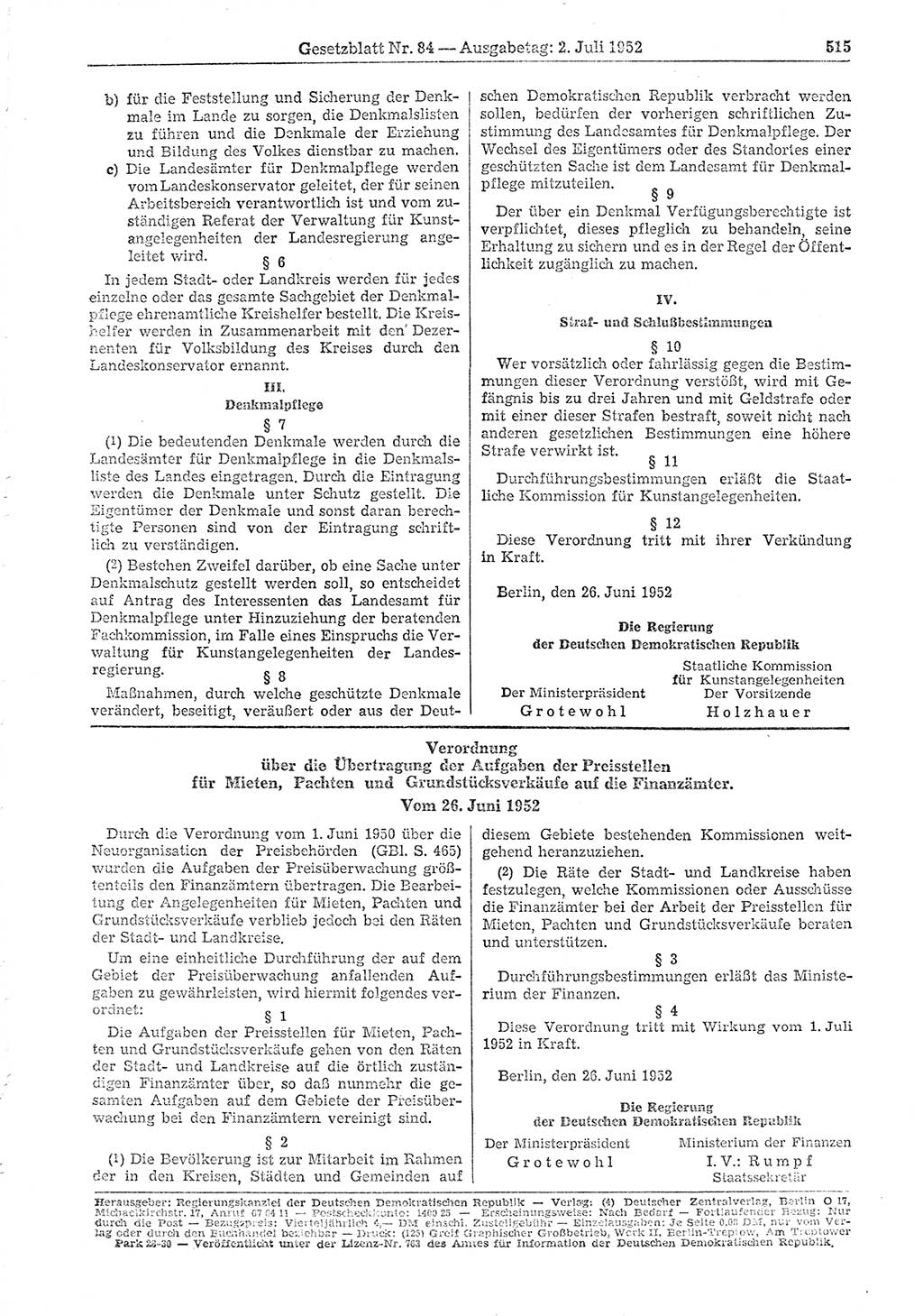 Gesetzblatt (GBl.) der Deutschen Demokratischen Republik (DDR) 1952, Seite 515 (GBl. DDR 1952, S. 515)