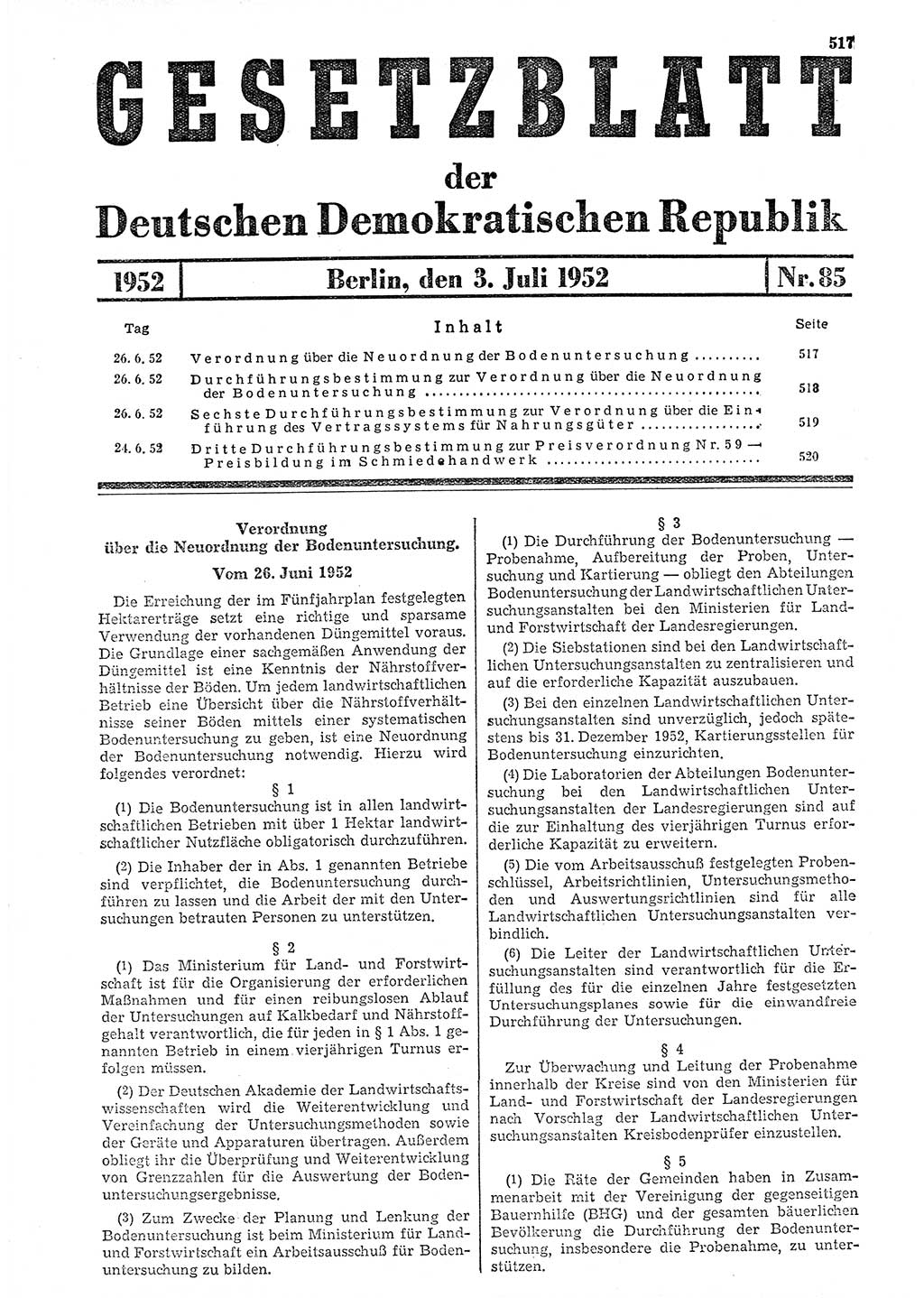 Gesetzblatt (GBl.) der Deutschen Demokratischen Republik (DDR) 1952, Seite 517 (GBl. DDR 1952, S. 517)