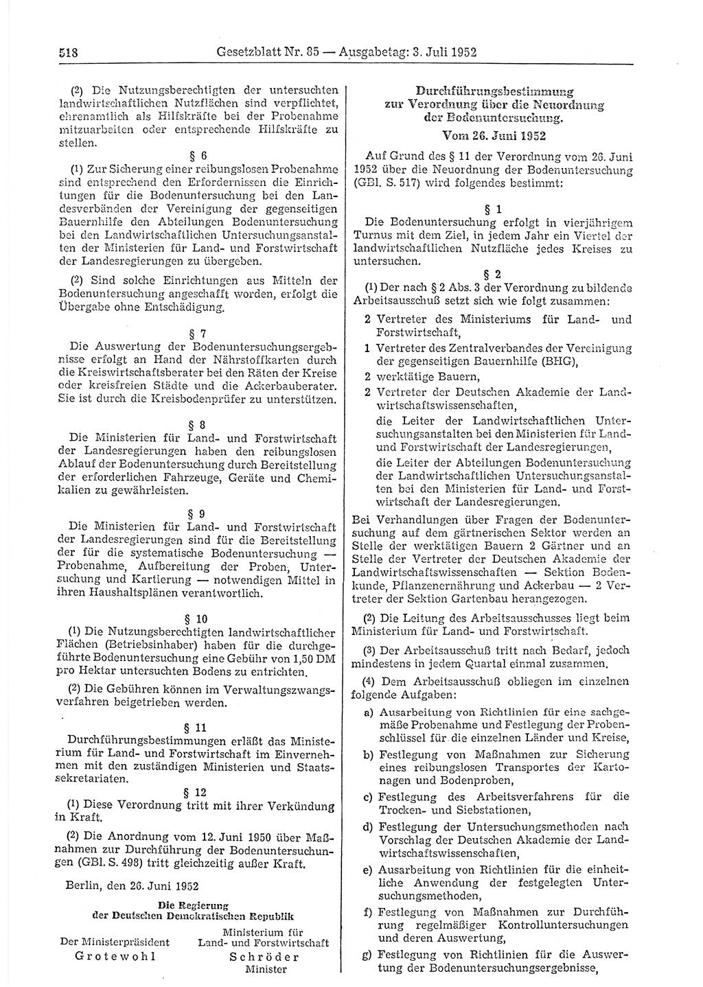 Gesetzblatt (GBl.) der Deutschen Demokratischen Republik (DDR) 1952, Seite 518 (GBl. DDR 1952, S. 518)