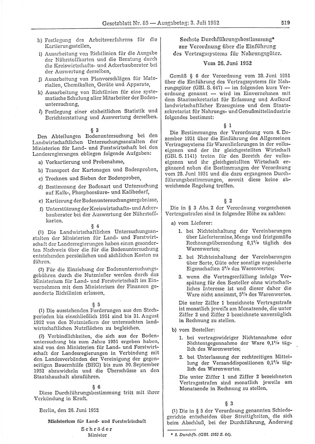 Gesetzblatt (GBl.) der Deutschen Demokratischen Republik (DDR) 1952, Seite 519 (GBl. DDR 1952, S. 519)