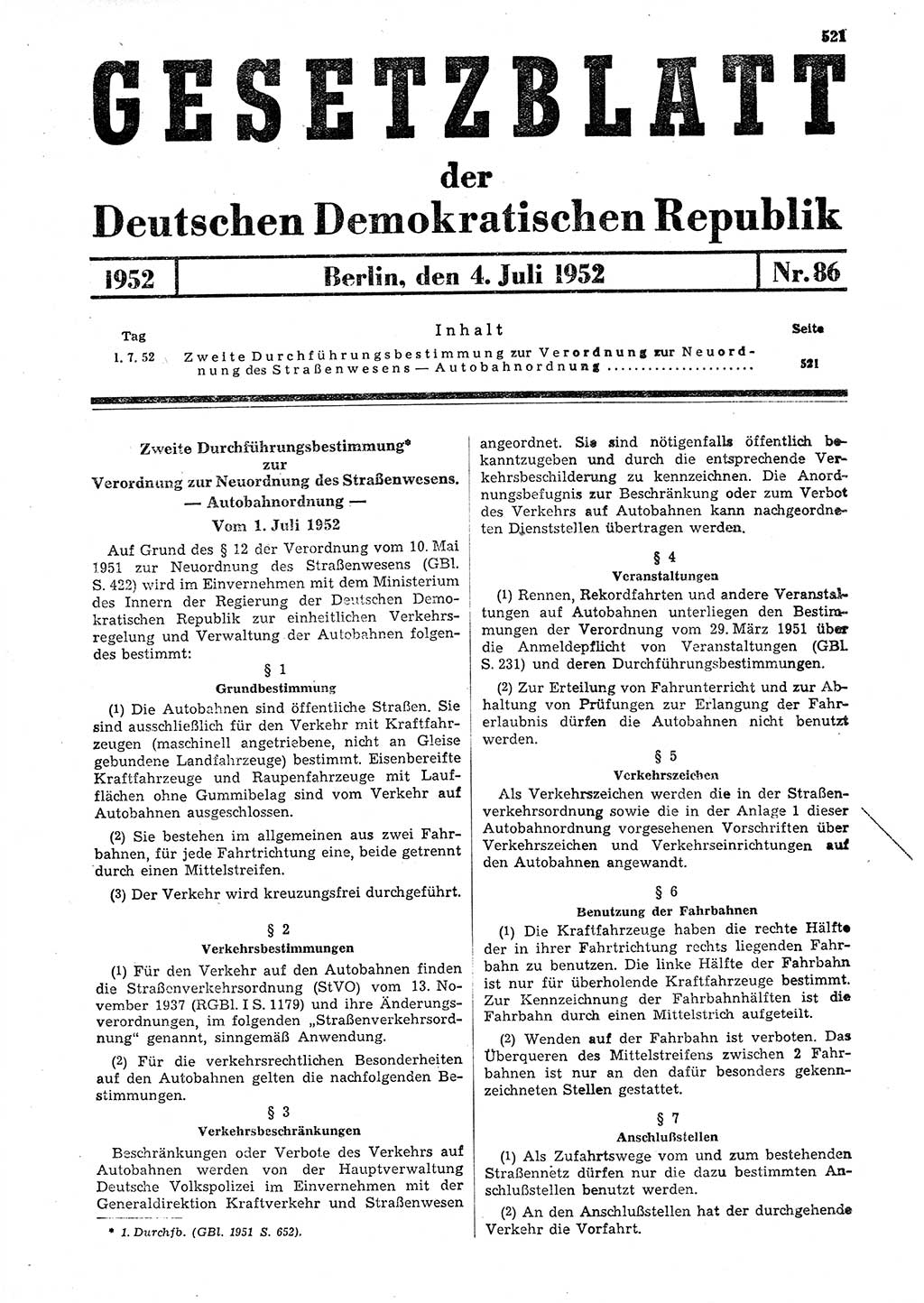 Gesetzblatt (GBl.) der Deutschen Demokratischen Republik (DDR) 1952, Seite 521 (GBl. DDR 1952, S. 521)