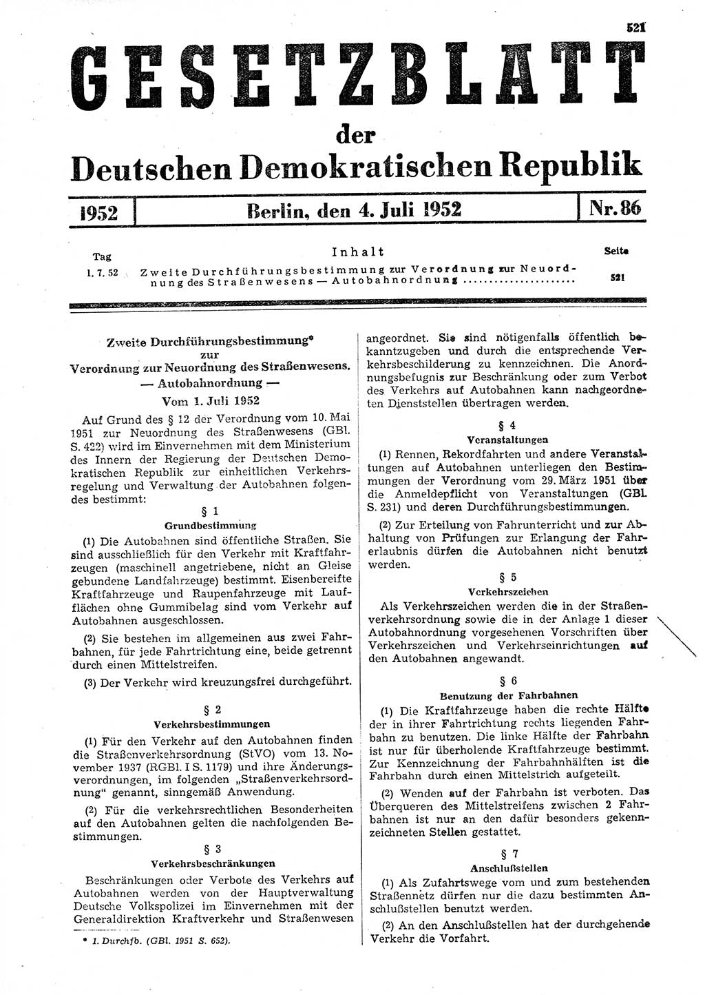 Gesetzblatt (GBl.) der Deutschen Demokratischen Republik (DDR) 1952, Seite 521 (GBl. DDR 1952, S. 521)