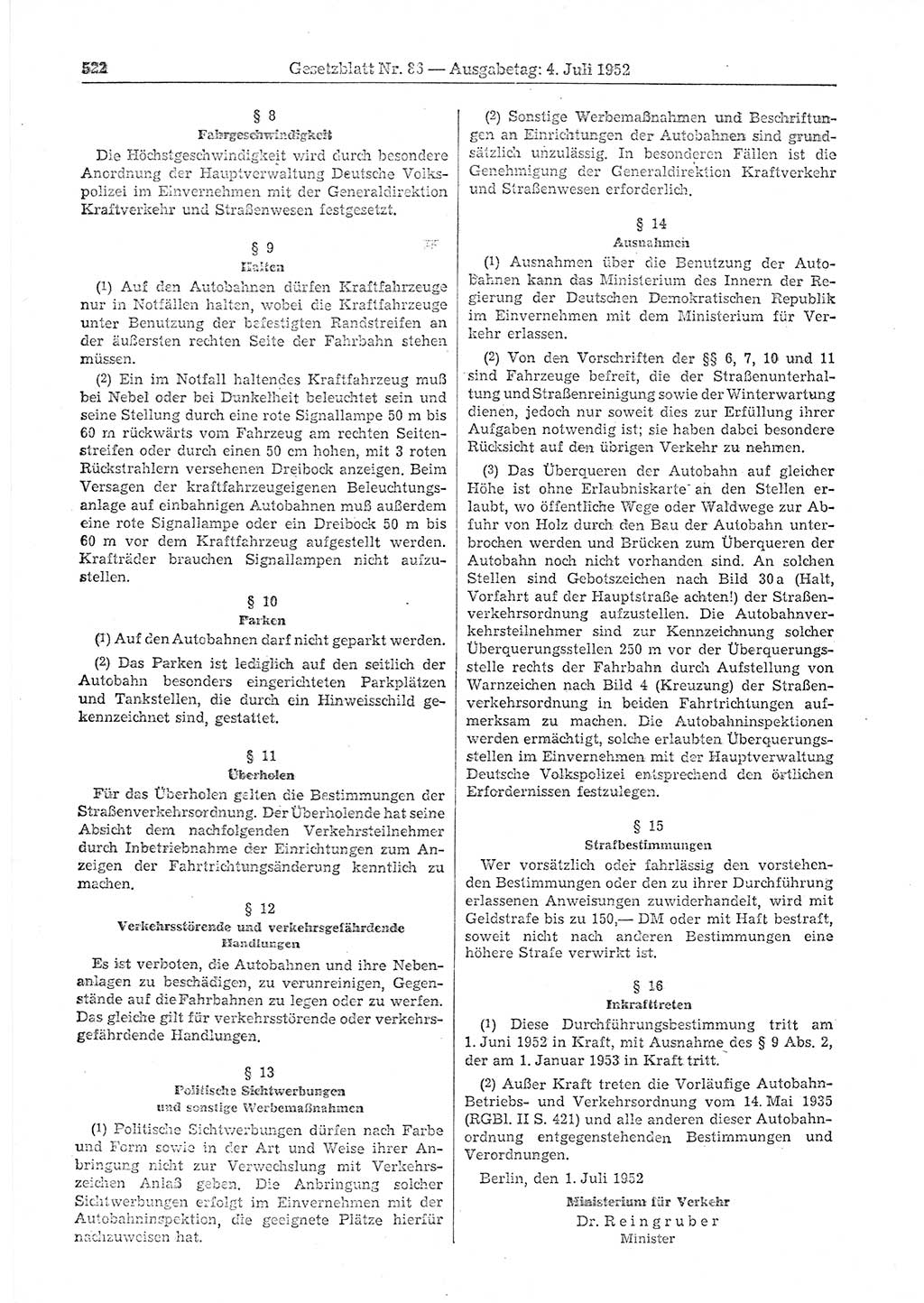 Gesetzblatt (GBl.) der Deutschen Demokratischen Republik (DDR) 1952, Seite 522 (GBl. DDR 1952, S. 522)