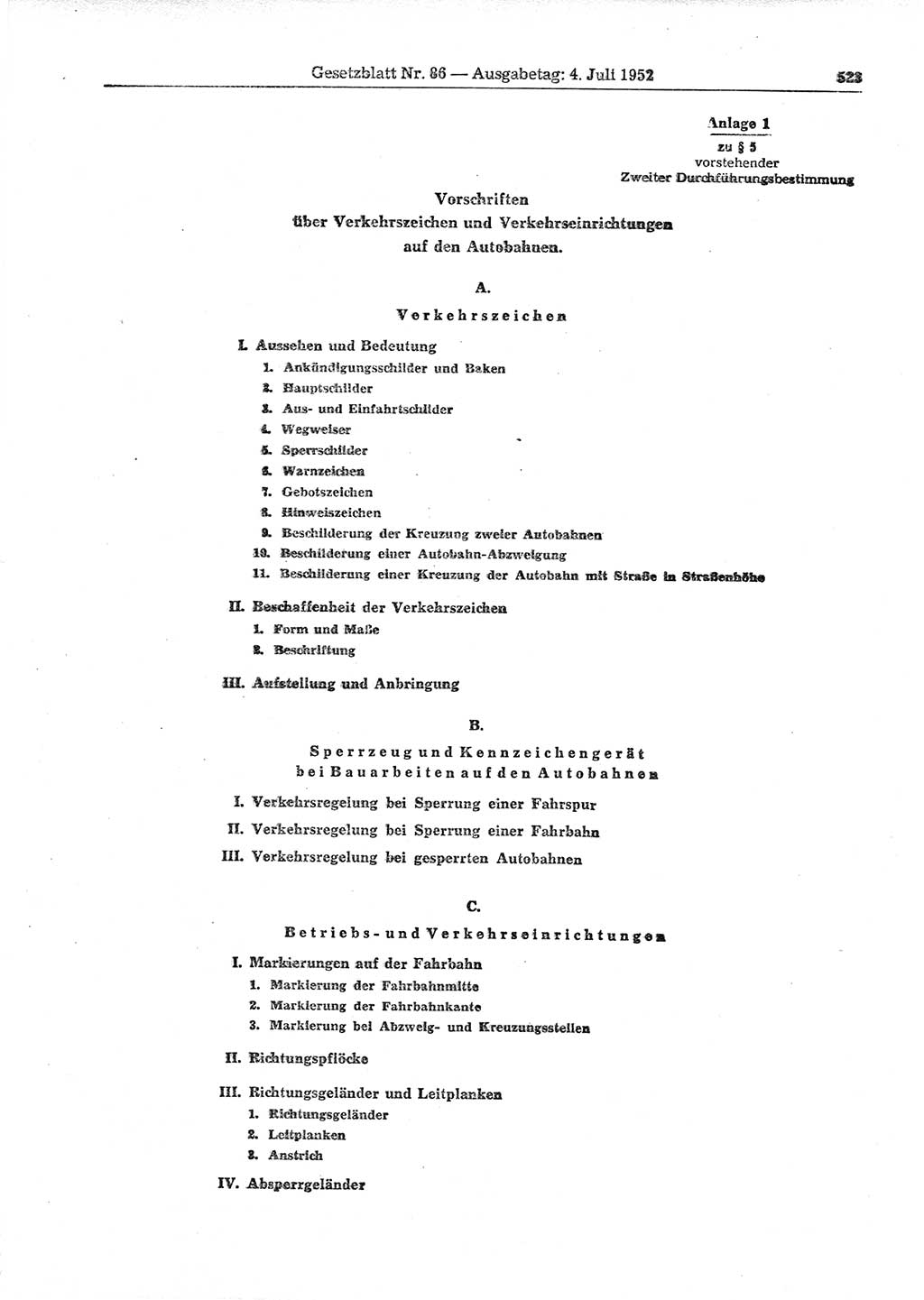 Gesetzblatt (GBl.) der Deutschen Demokratischen Republik (DDR) 1952, Seite 523 (GBl. DDR 1952, S. 523)