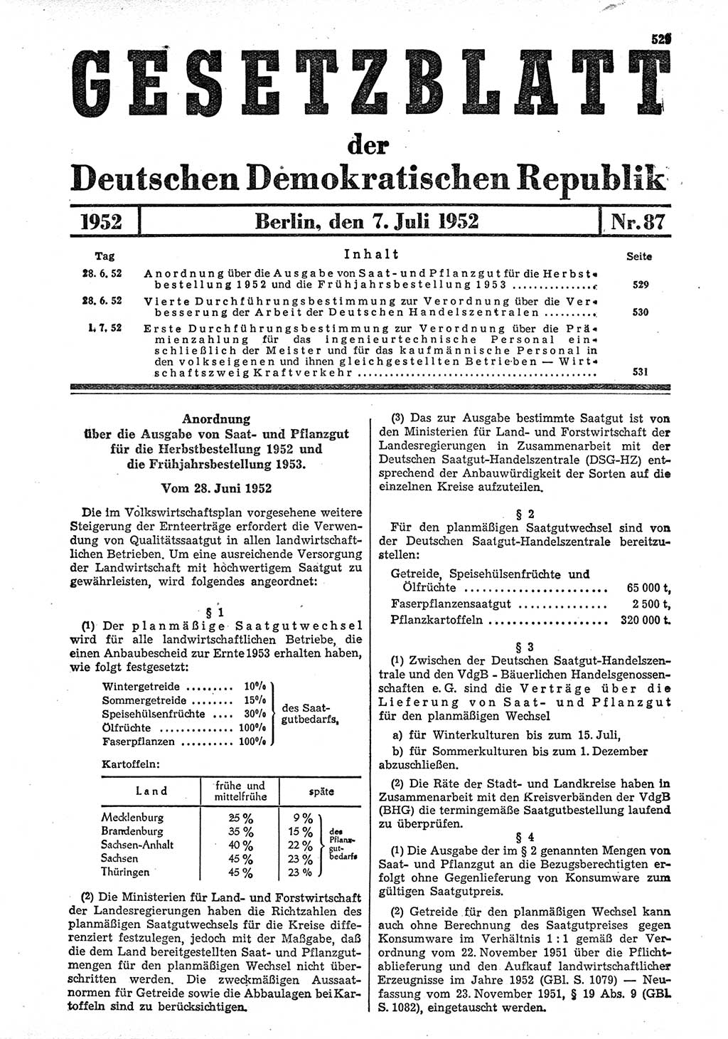 Gesetzblatt (GBl.) der Deutschen Demokratischen Republik (DDR) 1952, Seite 529 (GBl. DDR 1952, S. 529)