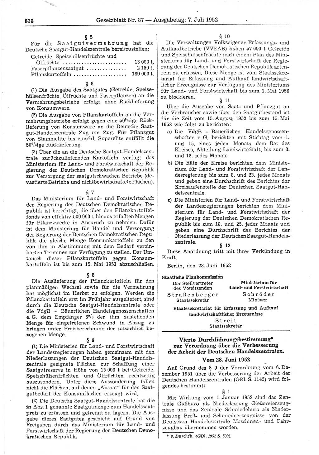 Gesetzblatt (GBl.) der Deutschen Demokratischen Republik (DDR) 1952, Seite 530 (GBl. DDR 1952, S. 530)