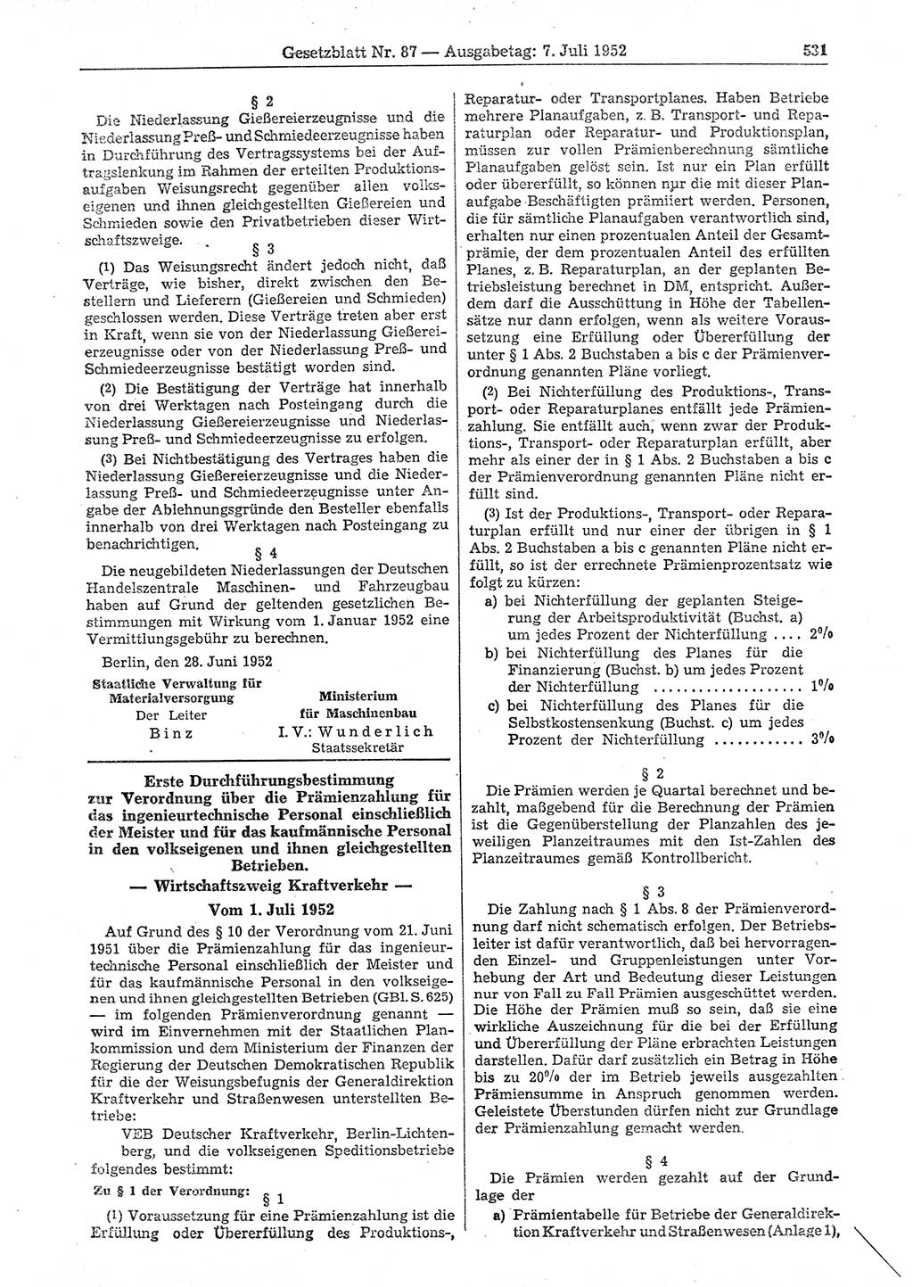 Gesetzblatt (GBl.) der Deutschen Demokratischen Republik (DDR) 1952, Seite 531 (GBl. DDR 1952, S. 531)