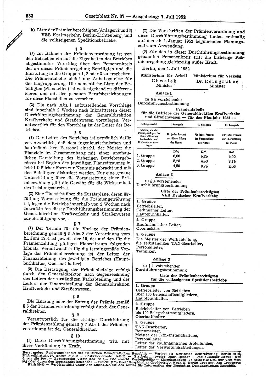 Gesetzblatt (GBl.) der Deutschen Demokratischen Republik (DDR) 1952, Seite 532 (GBl. DDR 1952, S. 532)