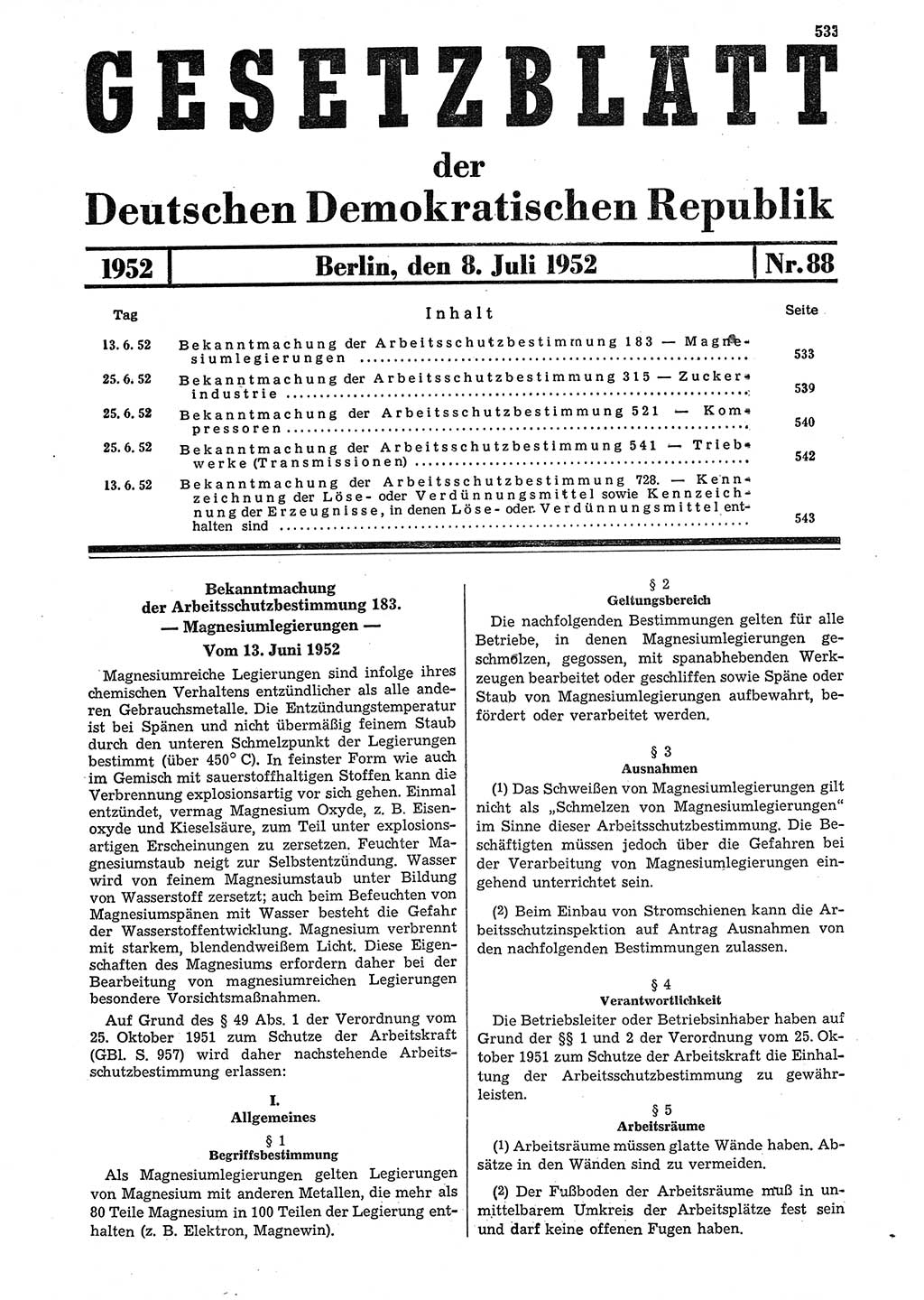 Gesetzblatt (GBl.) der Deutschen Demokratischen Republik (DDR) 1952, Seite 533 (GBl. DDR 1952, S. 533)