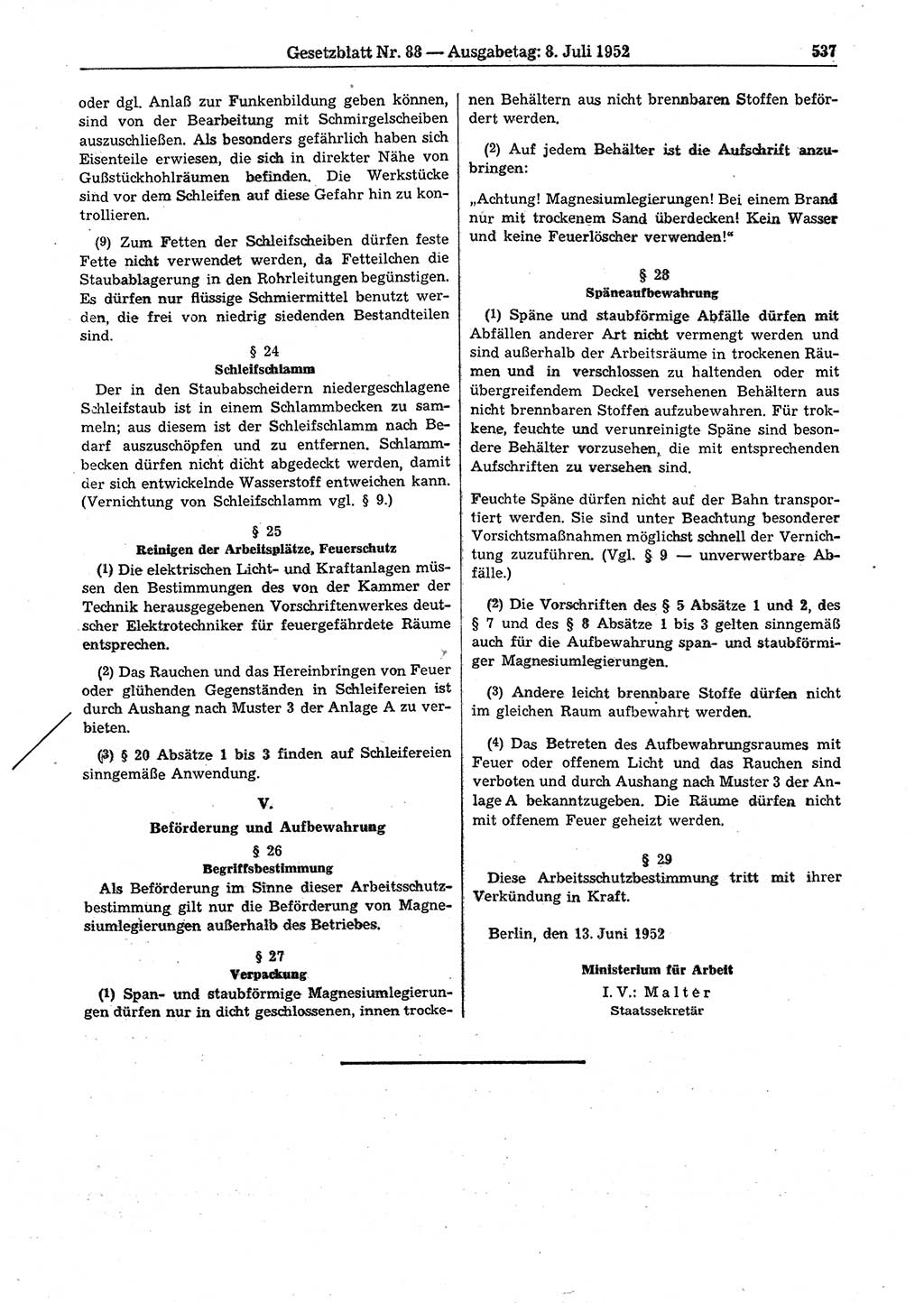 Gesetzblatt (GBl.) der Deutschen Demokratischen Republik (DDR) 1952, Seite 537 (GBl. DDR 1952, S. 537)