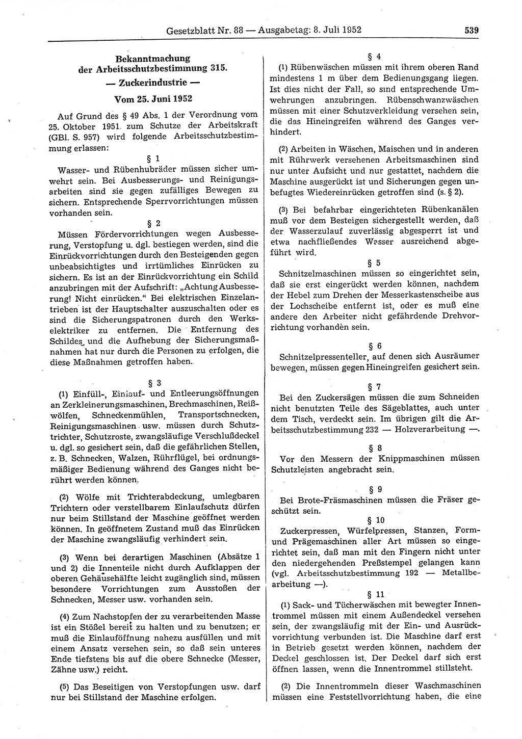 Gesetzblatt (GBl.) der Deutschen Demokratischen Republik (DDR) 1952, Seite 539 (GBl. DDR 1952, S. 539)