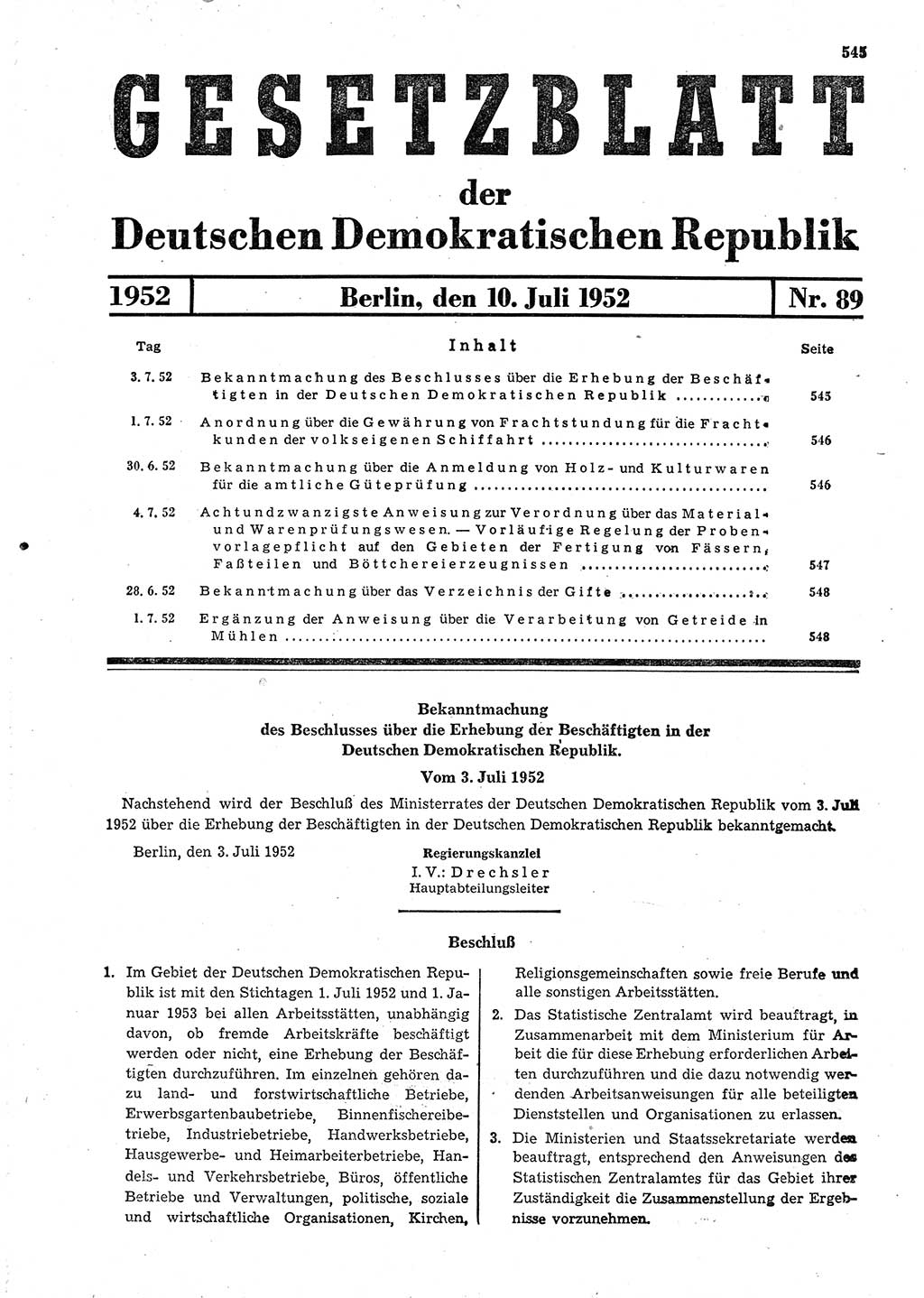 Gesetzblatt (GBl.) der Deutschen Demokratischen Republik (DDR) 1952, Seite 545 (GBl. DDR 1952, S. 545)