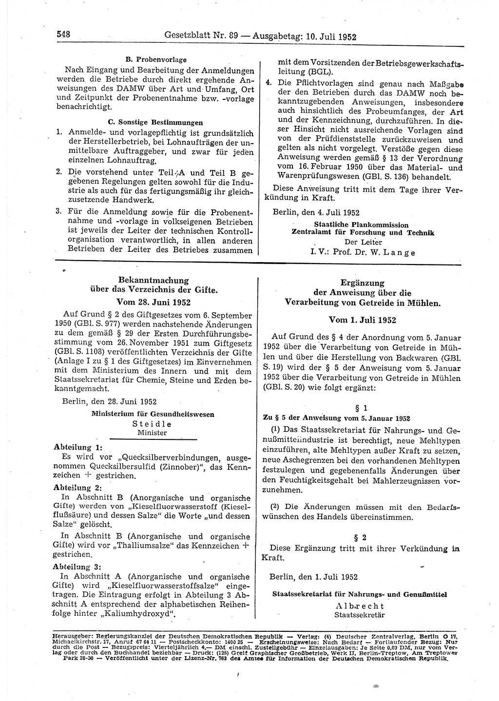 Gesetzblatt (GBl.) der Deutschen Demokratischen Republik (DDR) 1952, Seite 548 (GBl. DDR 1952, S. 548)
