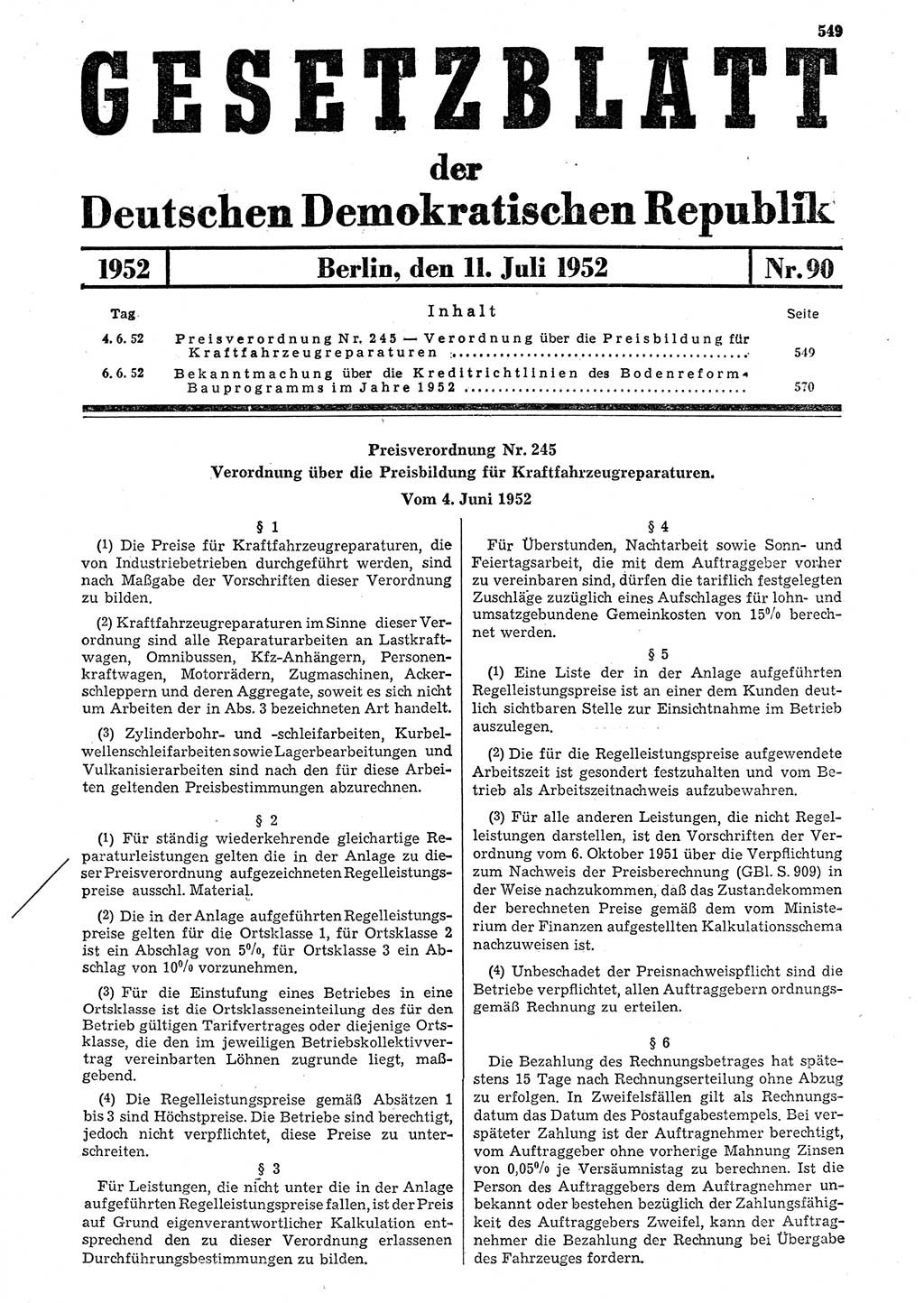 Gesetzblatt (GBl.) der Deutschen Demokratischen Republik (DDR) 1952, Seite 549 (GBl. DDR 1952, S. 549)