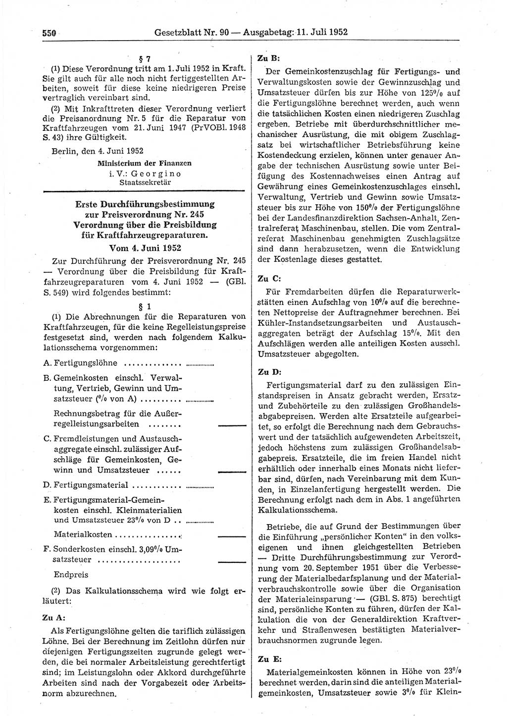 Gesetzblatt (GBl.) der Deutschen Demokratischen Republik (DDR) 1952, Seite 550 (GBl. DDR 1952, S. 550)