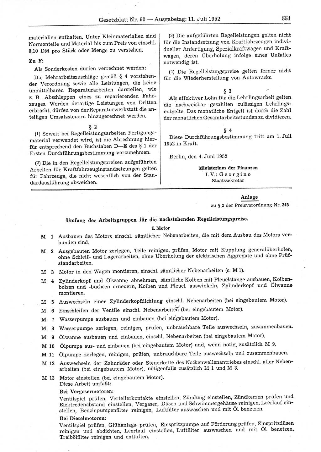 Gesetzblatt (GBl.) der Deutschen Demokratischen Republik (DDR) 1952, Seite 551 (GBl. DDR 1952, S. 551)