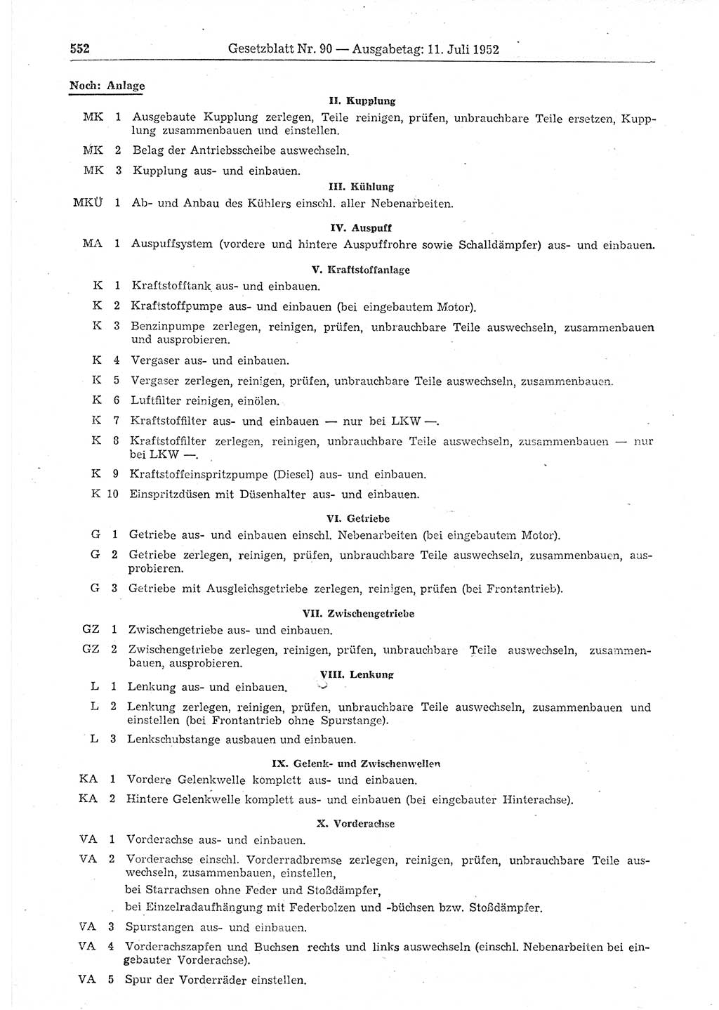 Gesetzblatt (GBl.) der Deutschen Demokratischen Republik (DDR) 1952, Seite 552 (GBl. DDR 1952, S. 552)