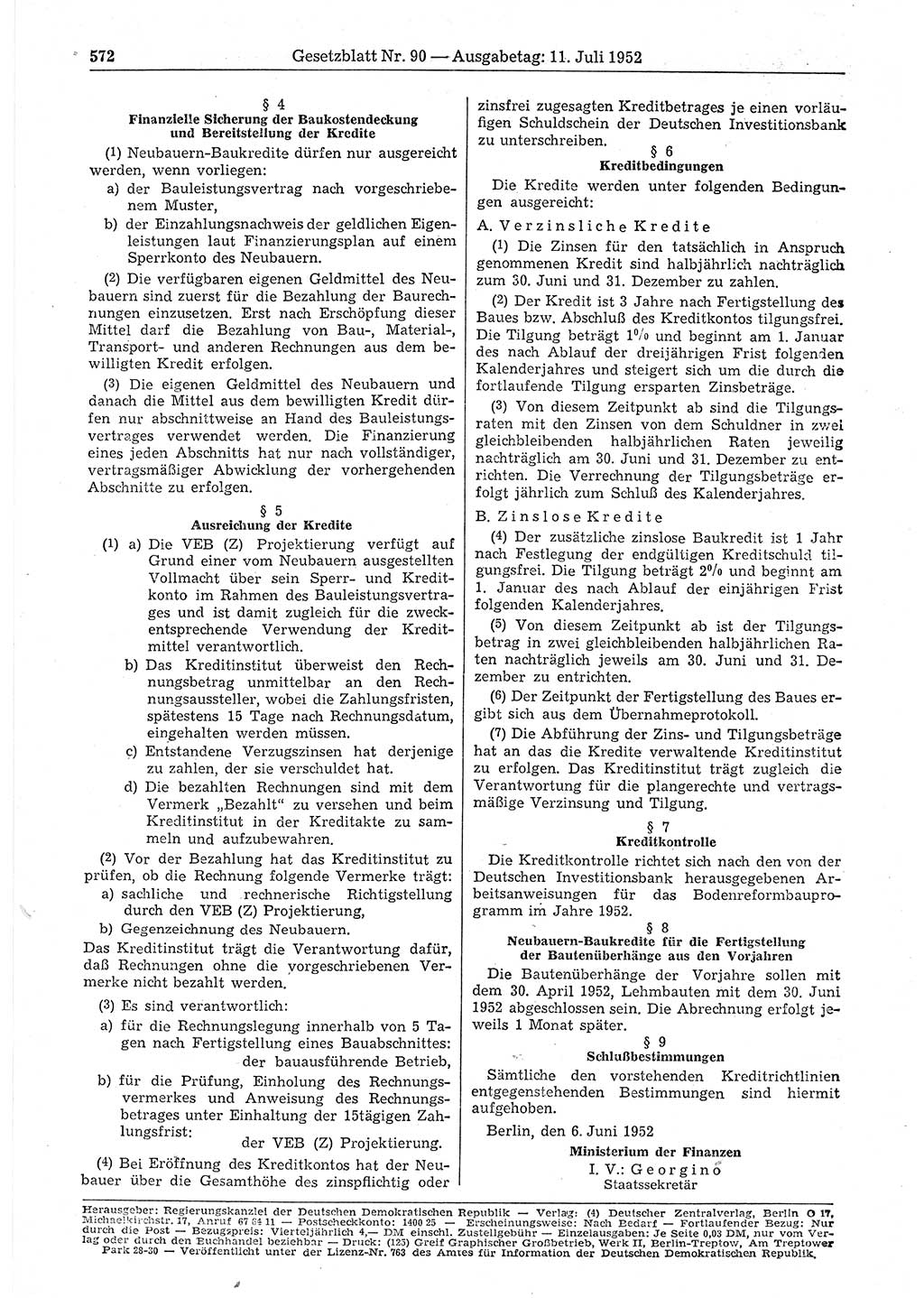 Gesetzblatt (GBl.) der Deutschen Demokratischen Republik (DDR) 1952, Seite 572 (GBl. DDR 1952, S. 572)