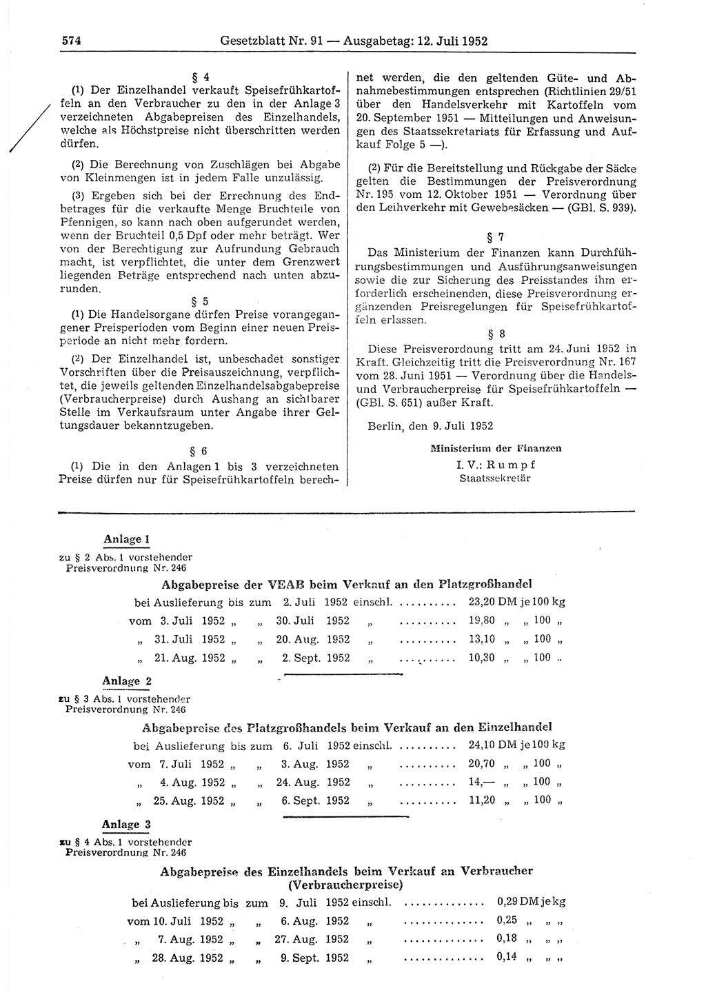 Gesetzblatt (GBl.) der Deutschen Demokratischen Republik (DDR) 1952, Seite 574 (GBl. DDR 1952, S. 574)