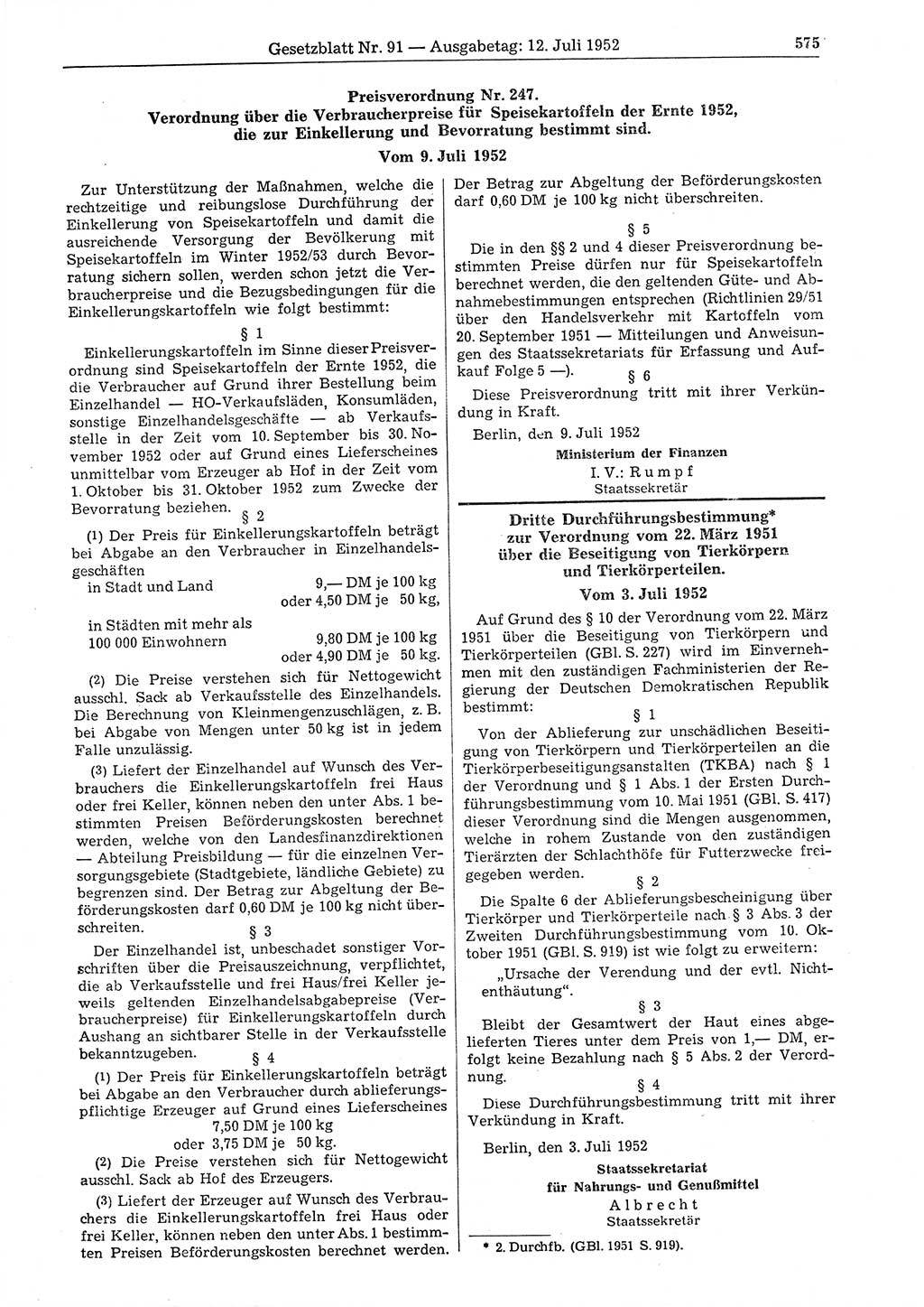 Gesetzblatt (GBl.) der Deutschen Demokratischen Republik (DDR) 1952, Seite 575 (GBl. DDR 1952, S. 575)